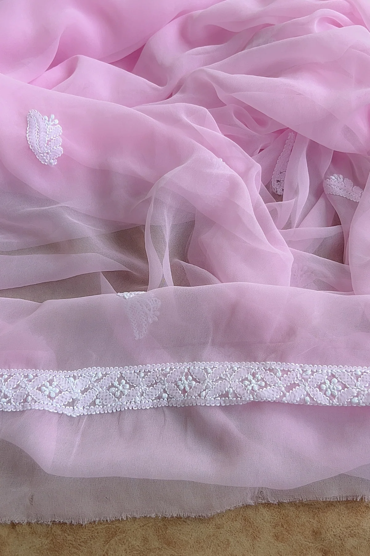 Arsh Handcrafted Pink Georgette Unstitched Chikankari 3pc Suit - Image 5