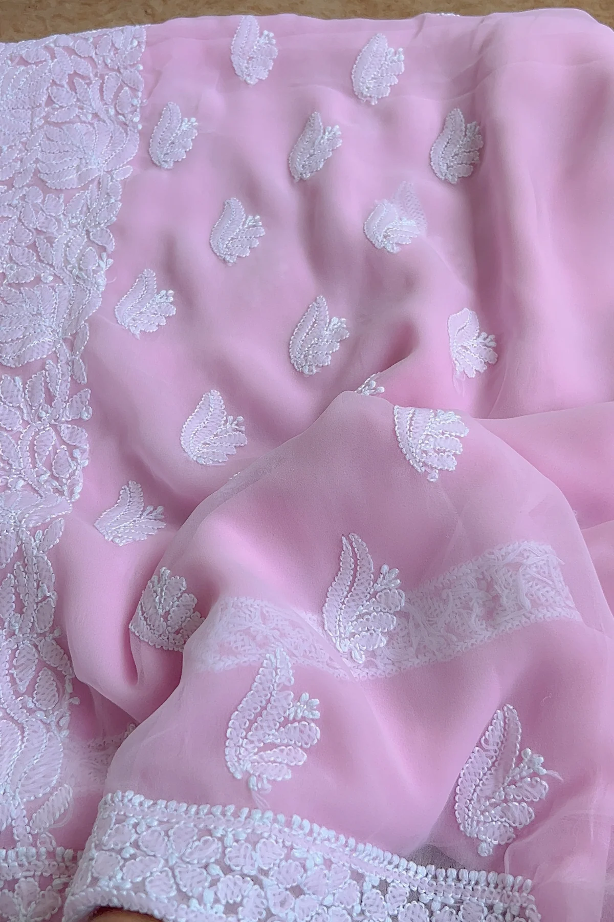 Arsh Handcrafted Pink Georgette Unstitched Chikankari 3pc Suit - Image 7