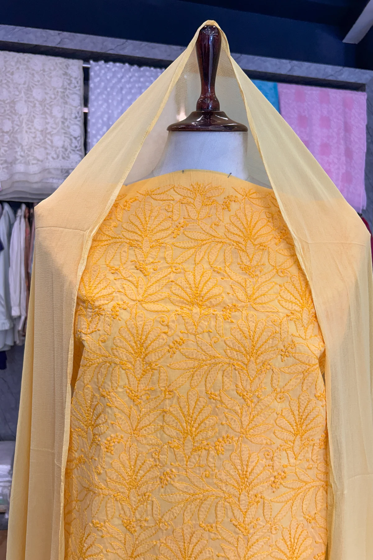 Arsh Handcrafted Mango Yellow Cotton Unstitched Chikankari 3pc Suit - Image 2