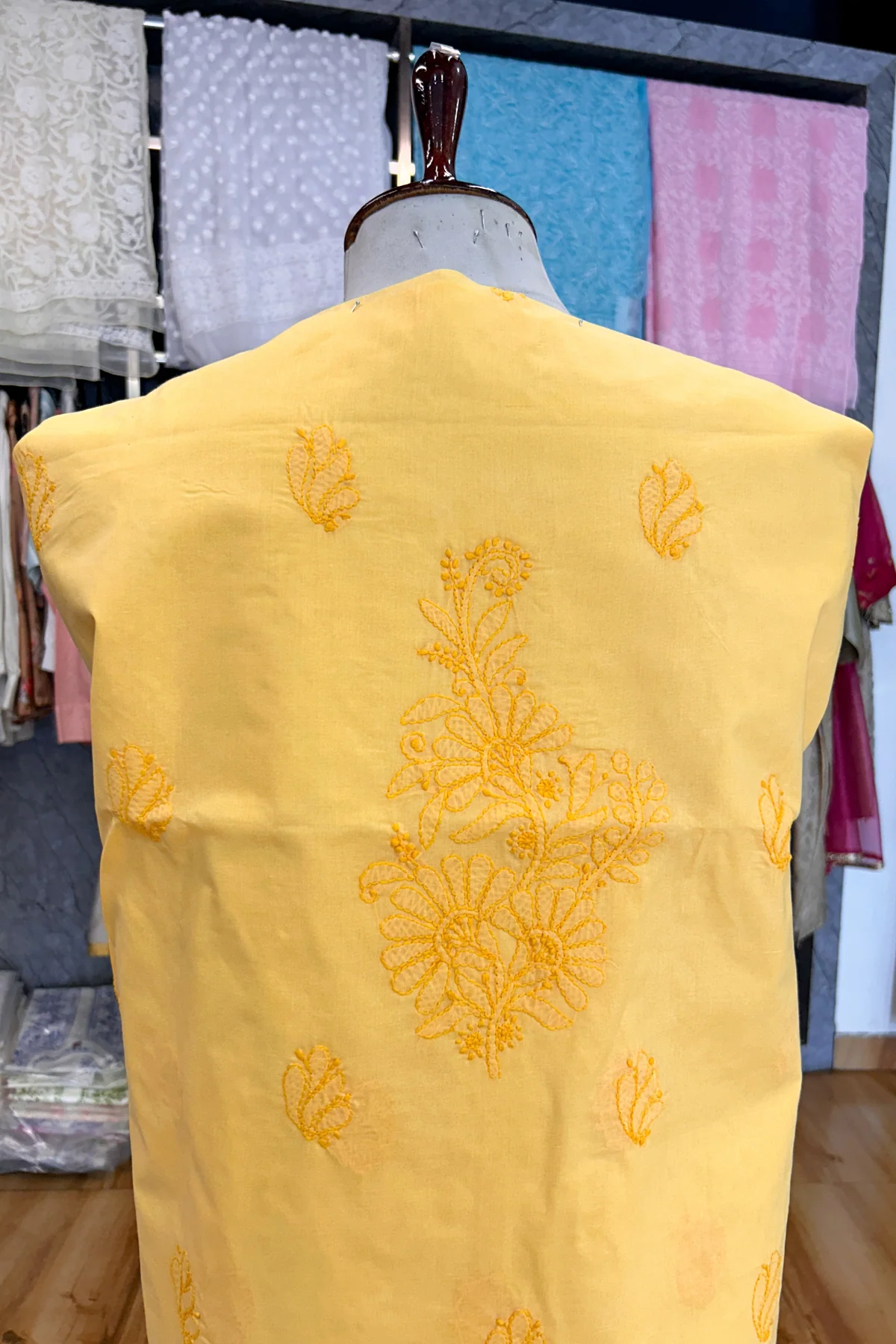 Arsh Handcrafted Mango Yellow Cotton Unstitched Chikankari 3pc Suit - Image 3