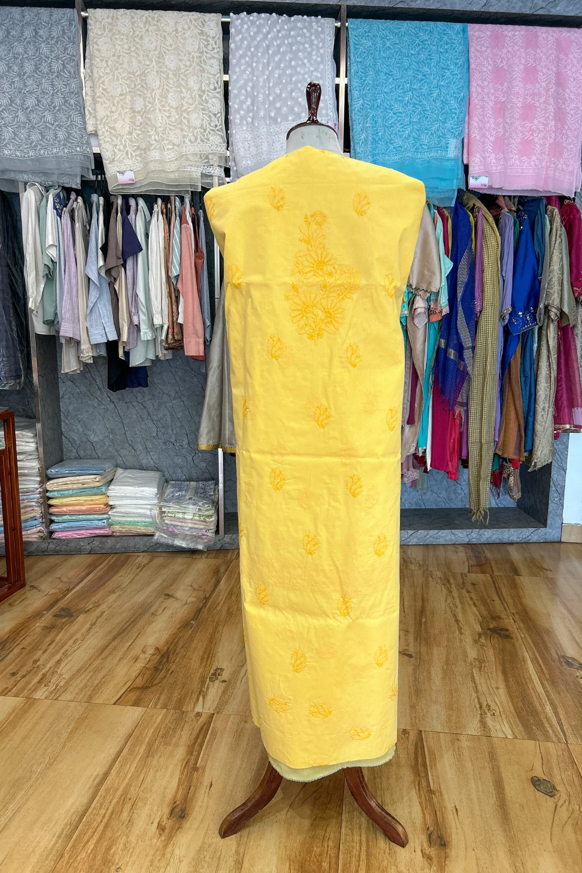 Arsh Handcrafted Mango Yellow Cotton Unstitched Chikankari 3pc Suit - Image 4