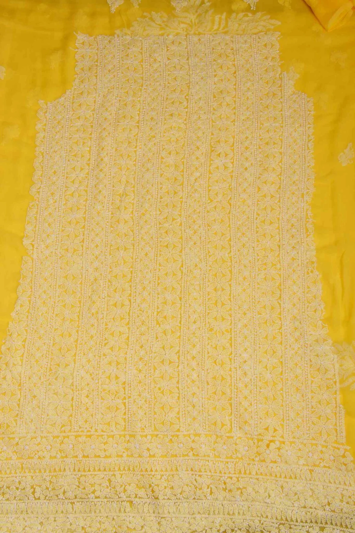 Arsh Handcrafted Mango Yellow Georgette Unstitched Chikankari 3pc Suit - Image 3
