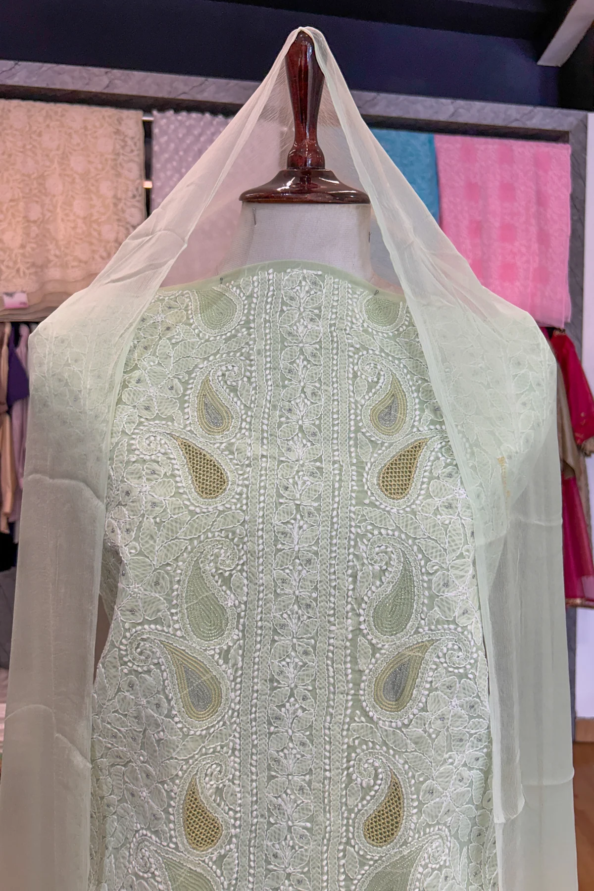 Arsh Handcrafted Pista Green Cotton Unstitched Chikankari 3pc Suit Set - Image 2