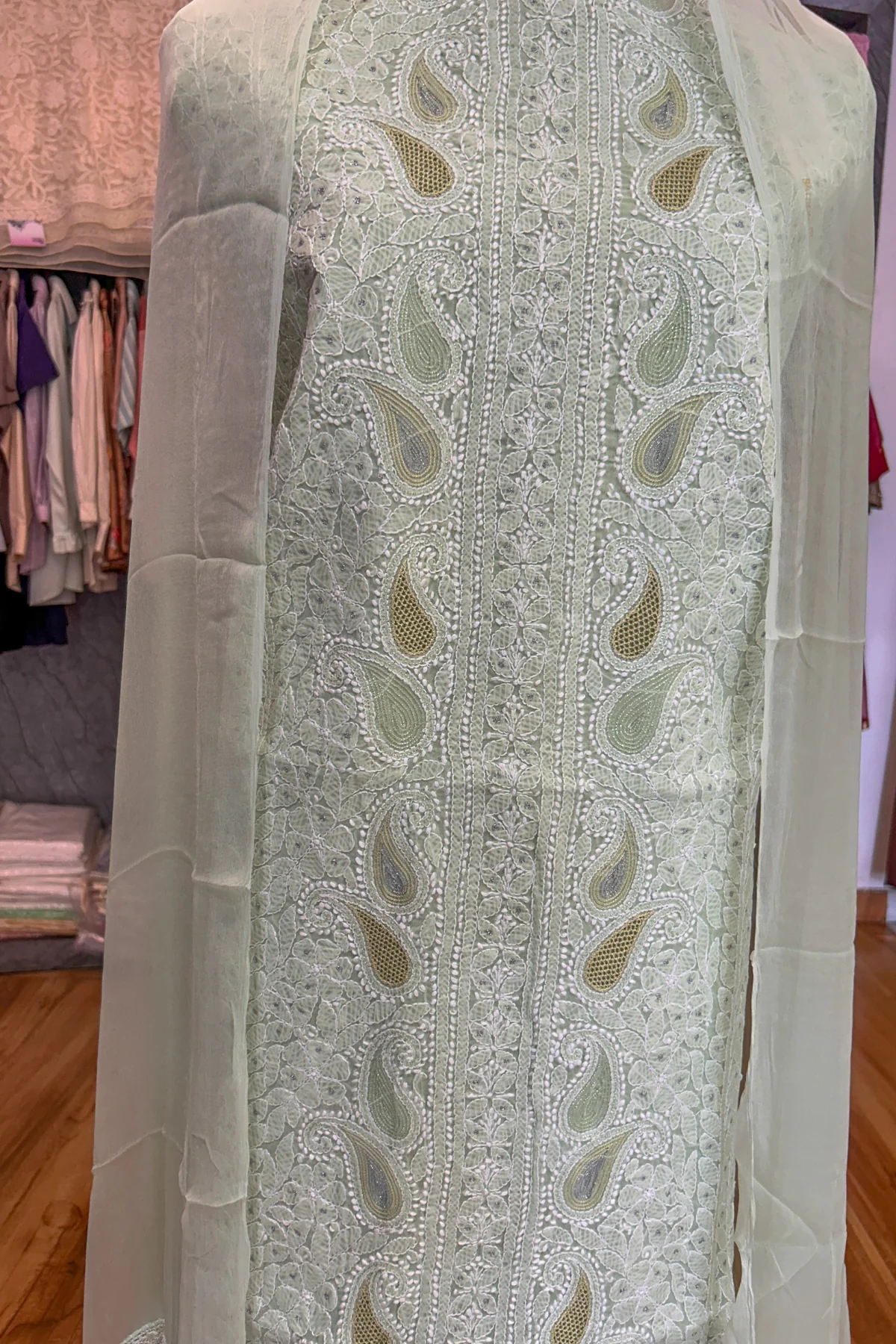 Arsh Handcrafted Pista Green Cotton Unstitched Chikankari 3pc Suit Set - Image 3