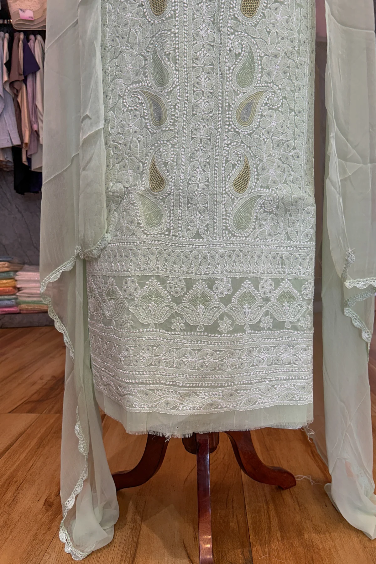 Arsh Handcrafted Pista Green Cotton Unstitched Chikankari 3pc Suit Set - Image 4