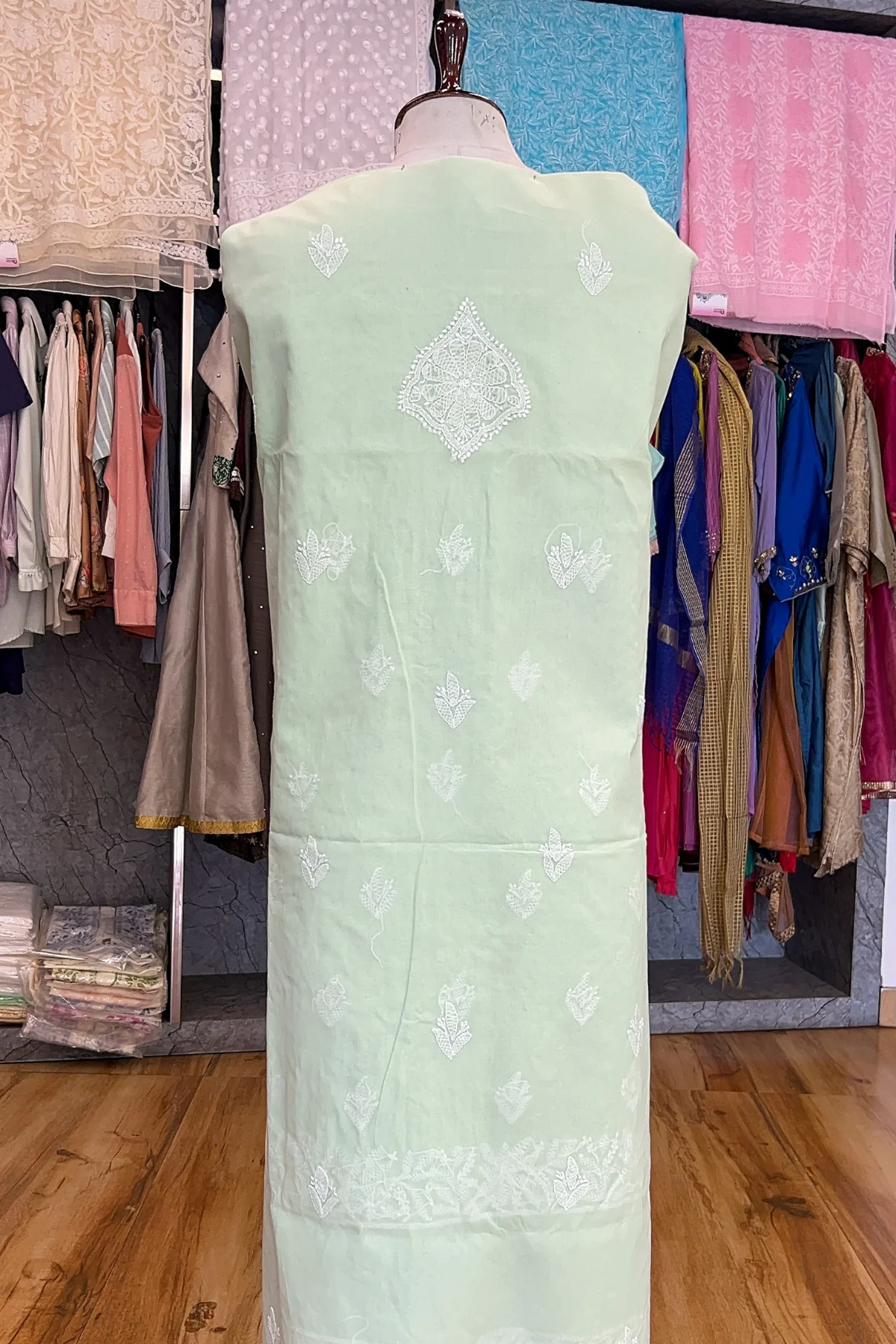 Arsh Handcrafted Pista Green Cotton Unstitched Chikankari 3pc Suit Set - Image 5