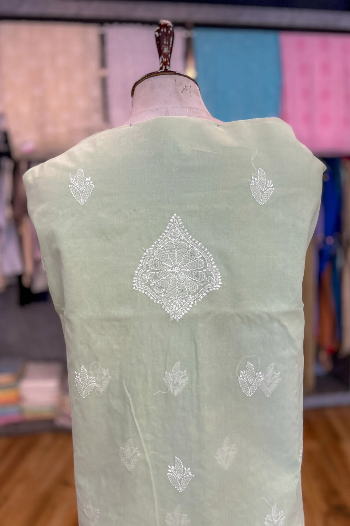 Arsh Handcrafted Pista Green Cotton Unstitched Chikankari 3pc Suit Set - Image 7