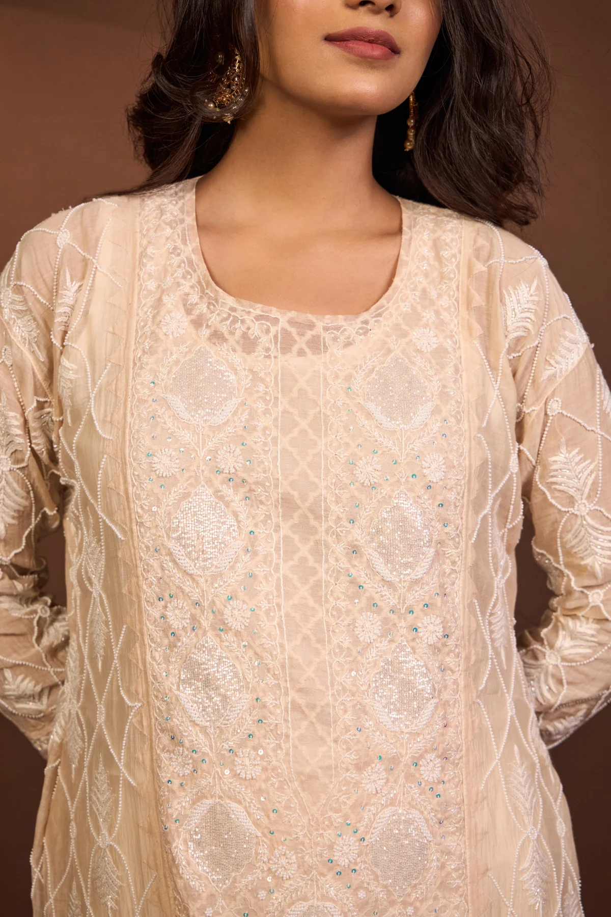 Arsh Handcrafted Mul Chanderi Beige Kurti and Dupatta Semi Stitched Set - Image 5