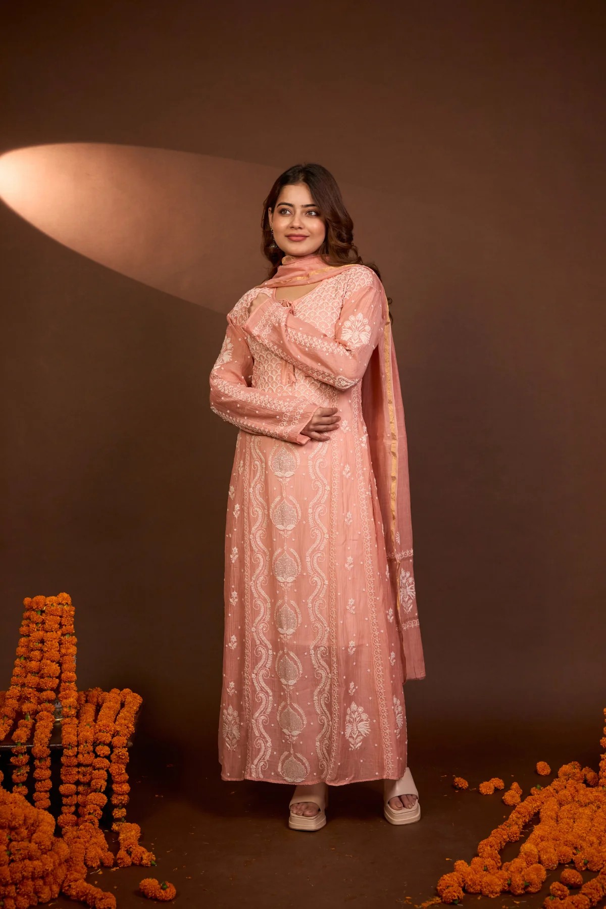 Arsh Handcrafted Mul Chanderi Peach Kalidar Kurti and Dupatta Semi Stitched Set - Image 2