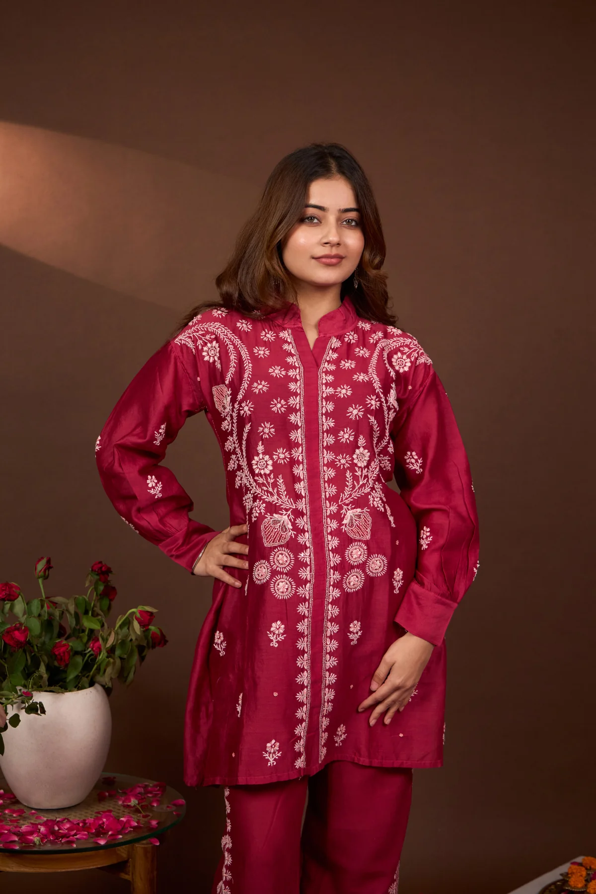 Arsh Handcrafted Chanderi Silk Red Colour Chikankari Semi Stiched Coord Set - Image 4
