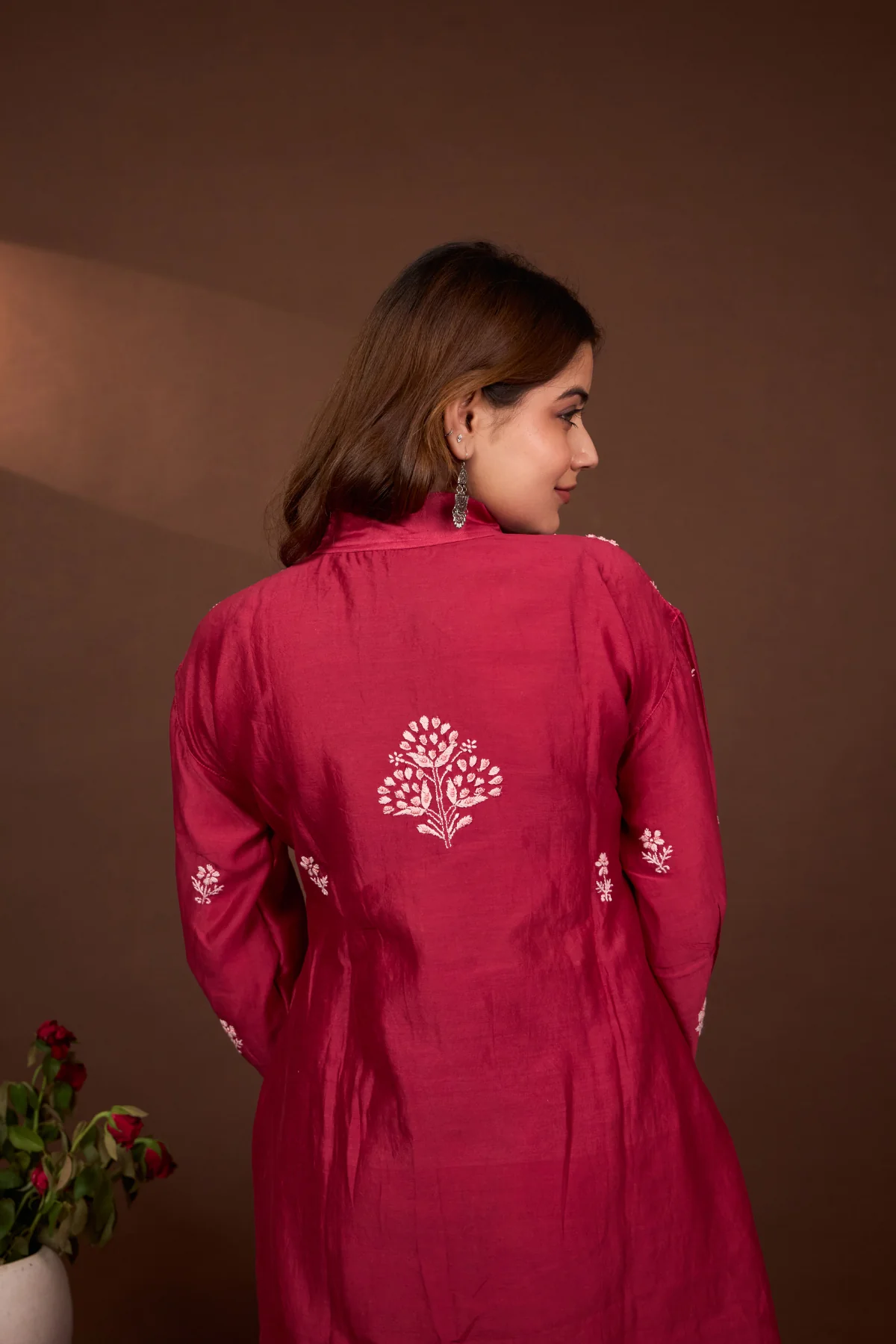 Arsh Handcrafted Chanderi Silk Red Colour Chikankari Semi Stiched Coord Set - Image 5