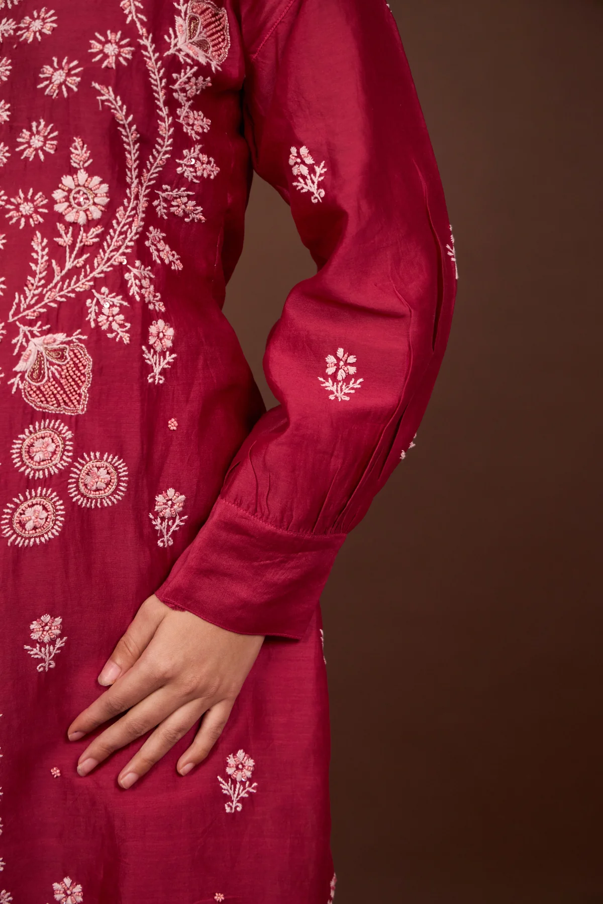 Arsh Handcrafted Chanderi Silk Red Colour Chikankari Semi Stiched Coord Set - Image 6