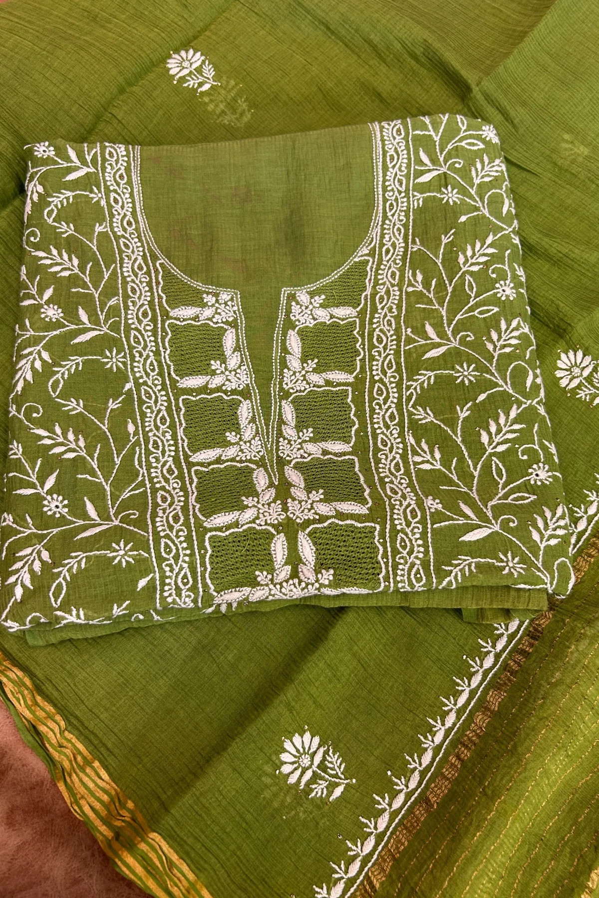 Arsh Handcrafted Mul Chanderi Unstitched Chikankari Kurti and Dupatta set - Image 6