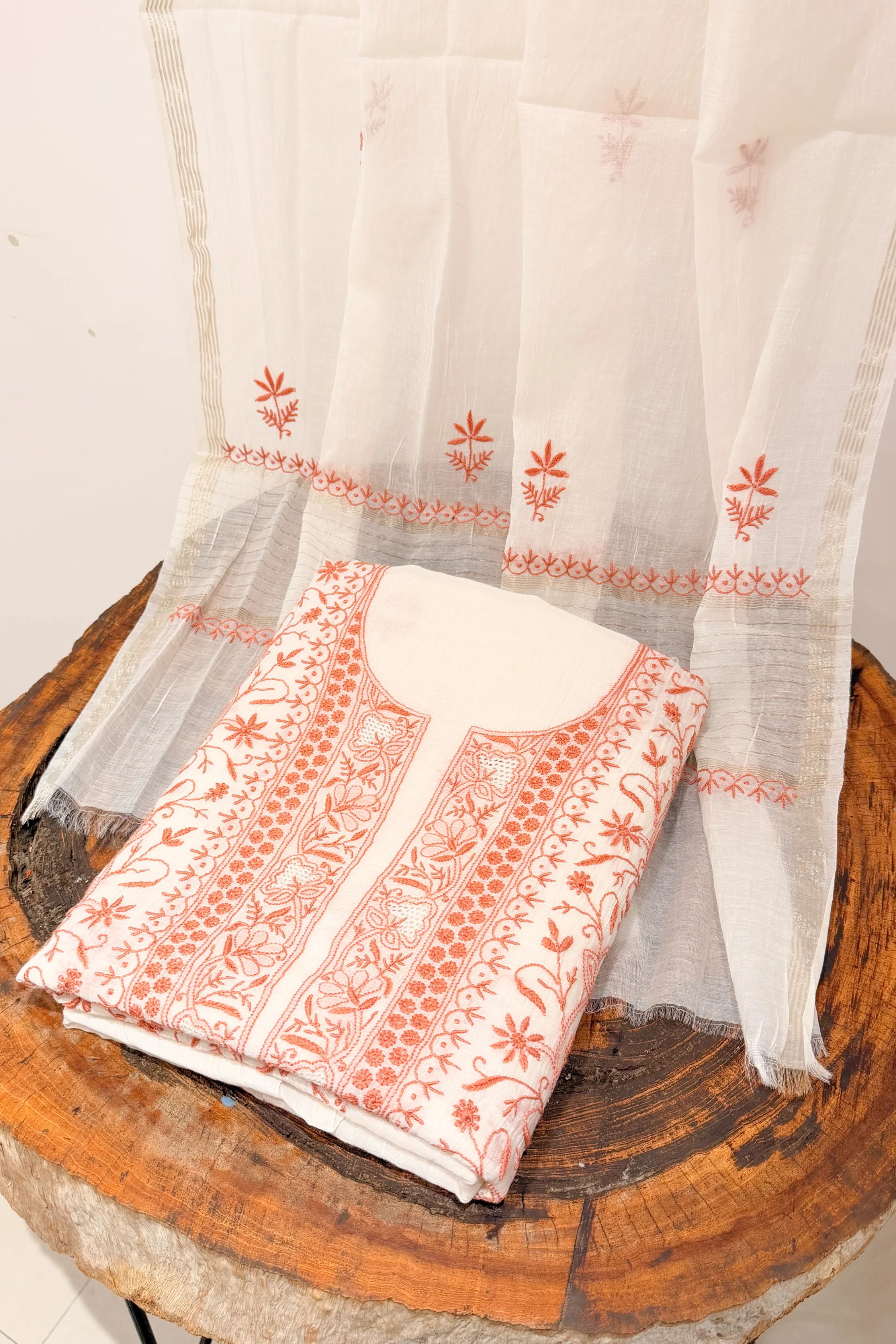 Arsh Handcrafted Mul Chanderi Unstitched Chikankari Kurti and Dupatta set - Image 2