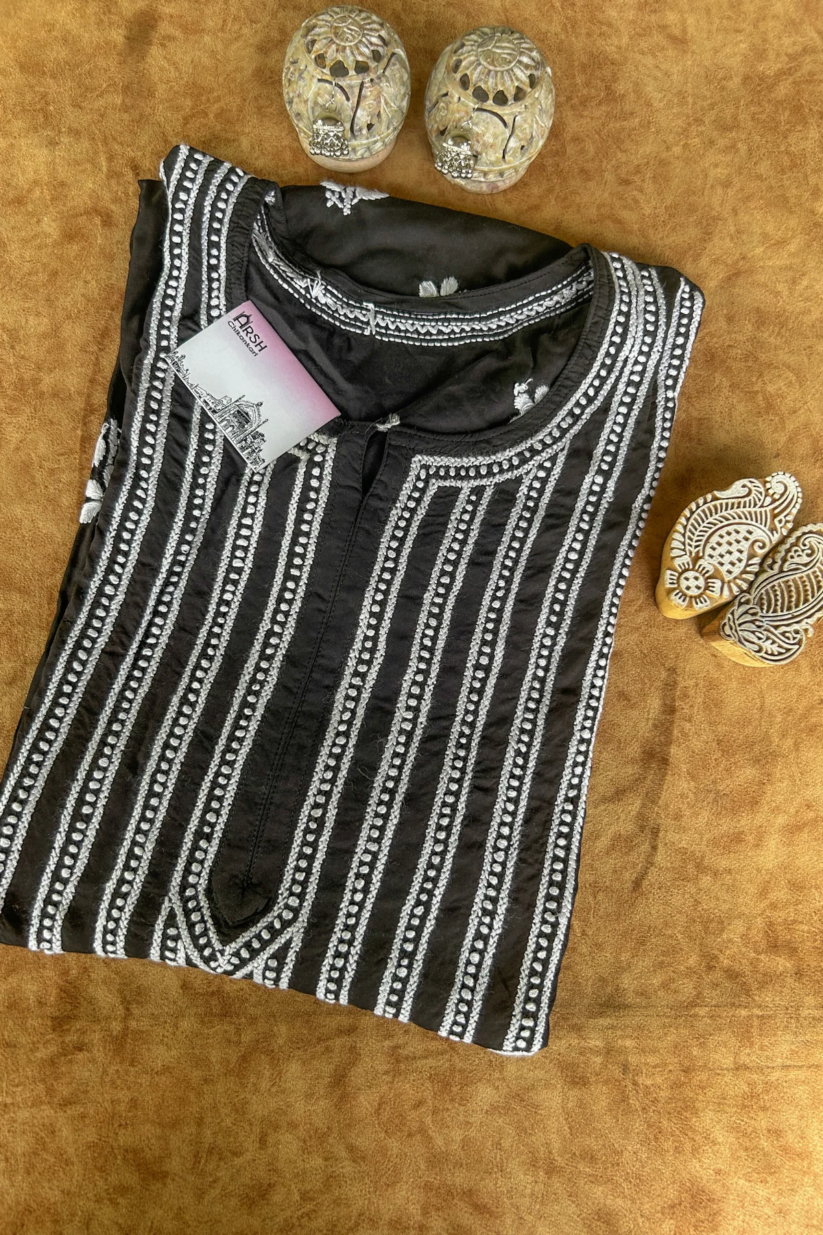 Arsh Handcrafted Black Modal Chikan Kurti