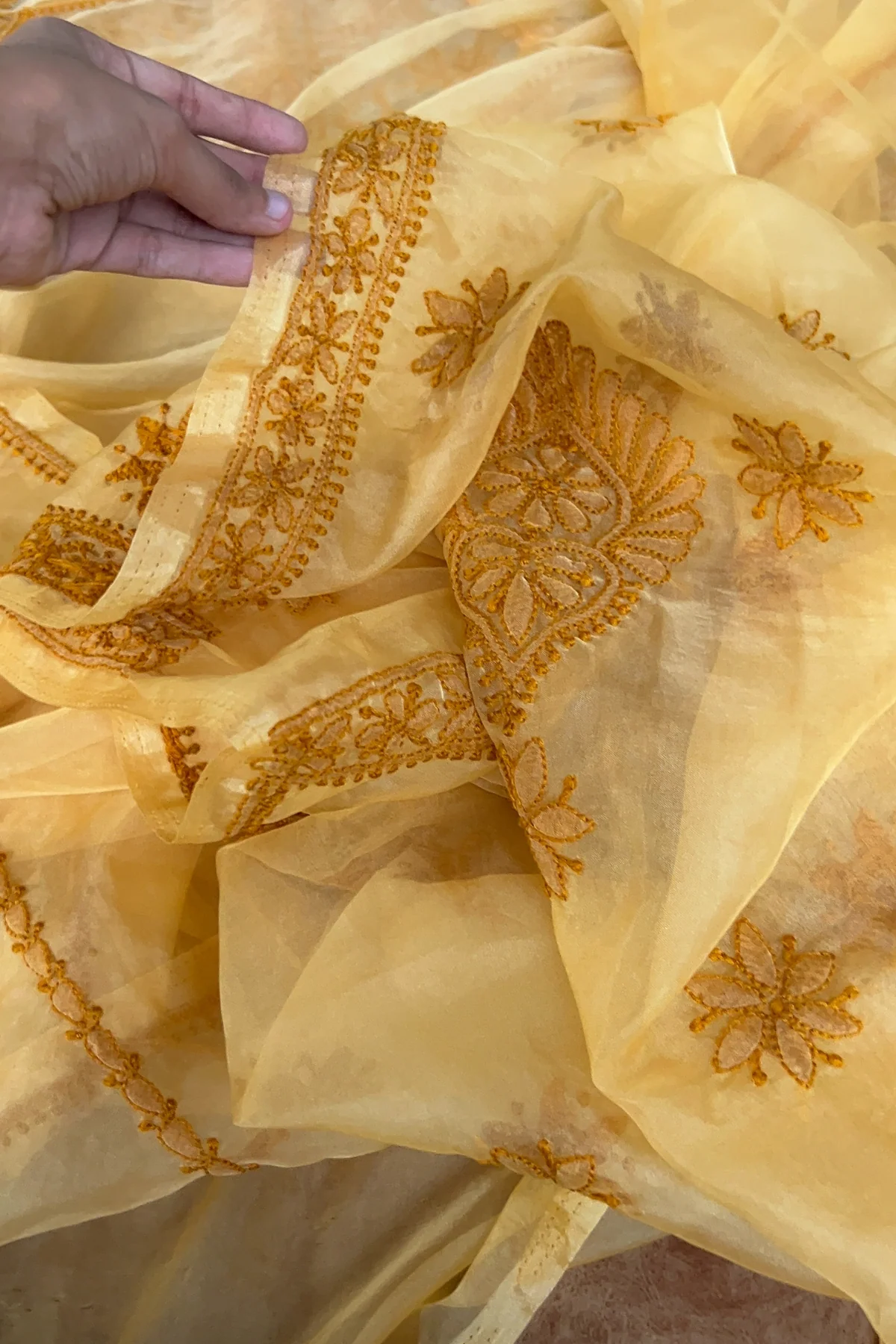 Arsh Handcrafted Mustard Organza Unstitched Chikankari Kurta and Dupatta Set - Image 2