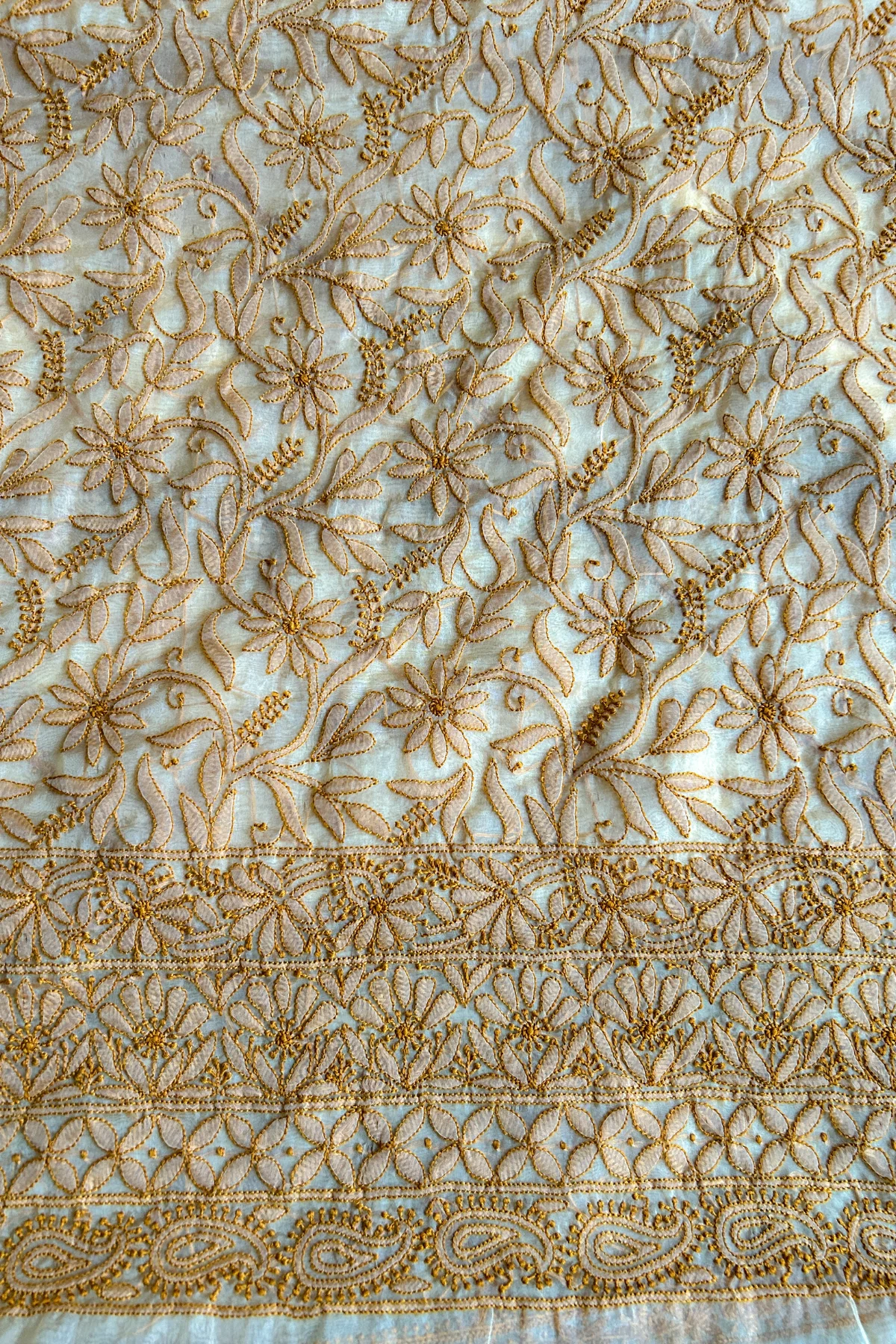 Arsh Handcrafted Mustard Organza Unstitched Chikankari Kurta and Dupatta Set - Image 5