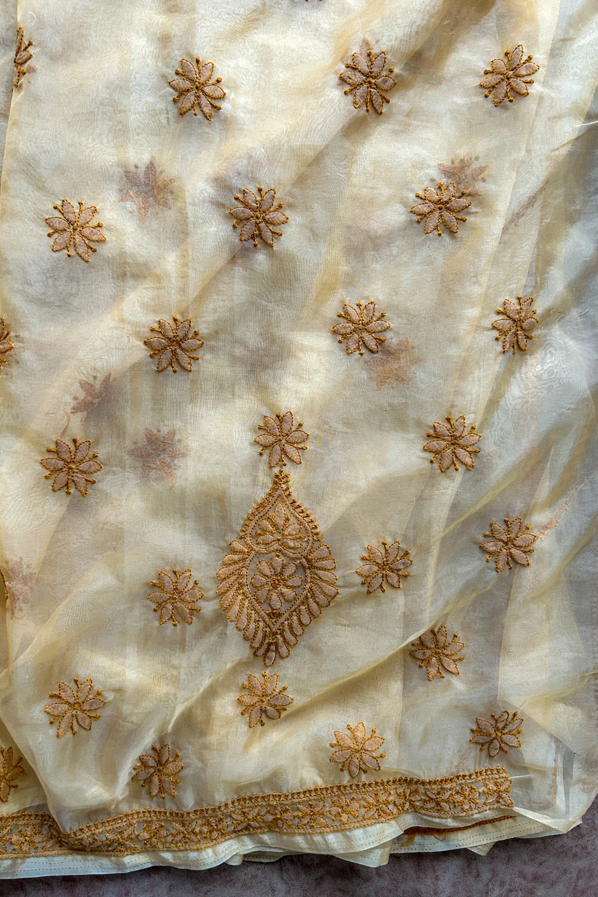 Arsh Handcrafted Mustard Organza Unstitched Chikankari Kurta and Dupatta Set - Image 6