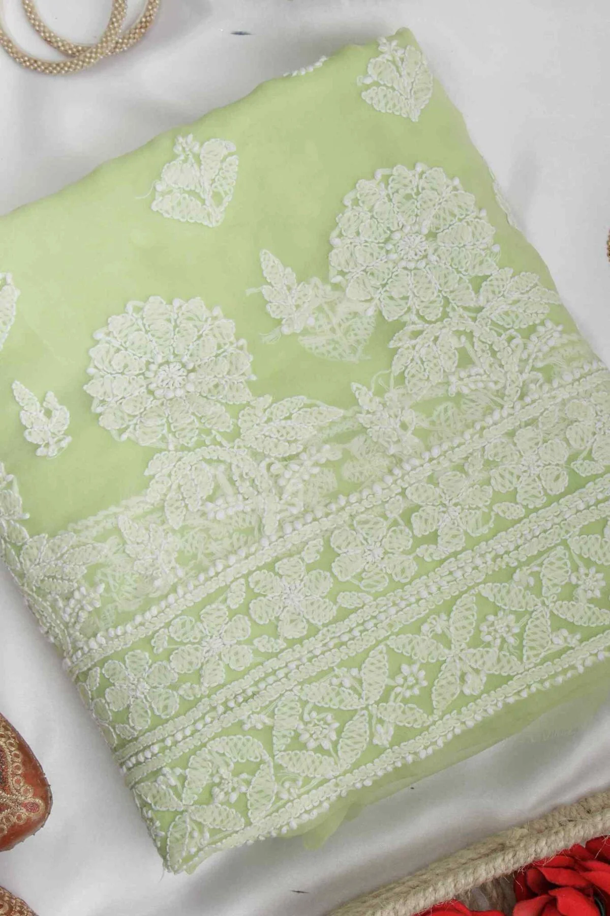 Arsh Handcrafted Neon Green Georgette Unstitched Chikankari 3pc Suit - Image 2