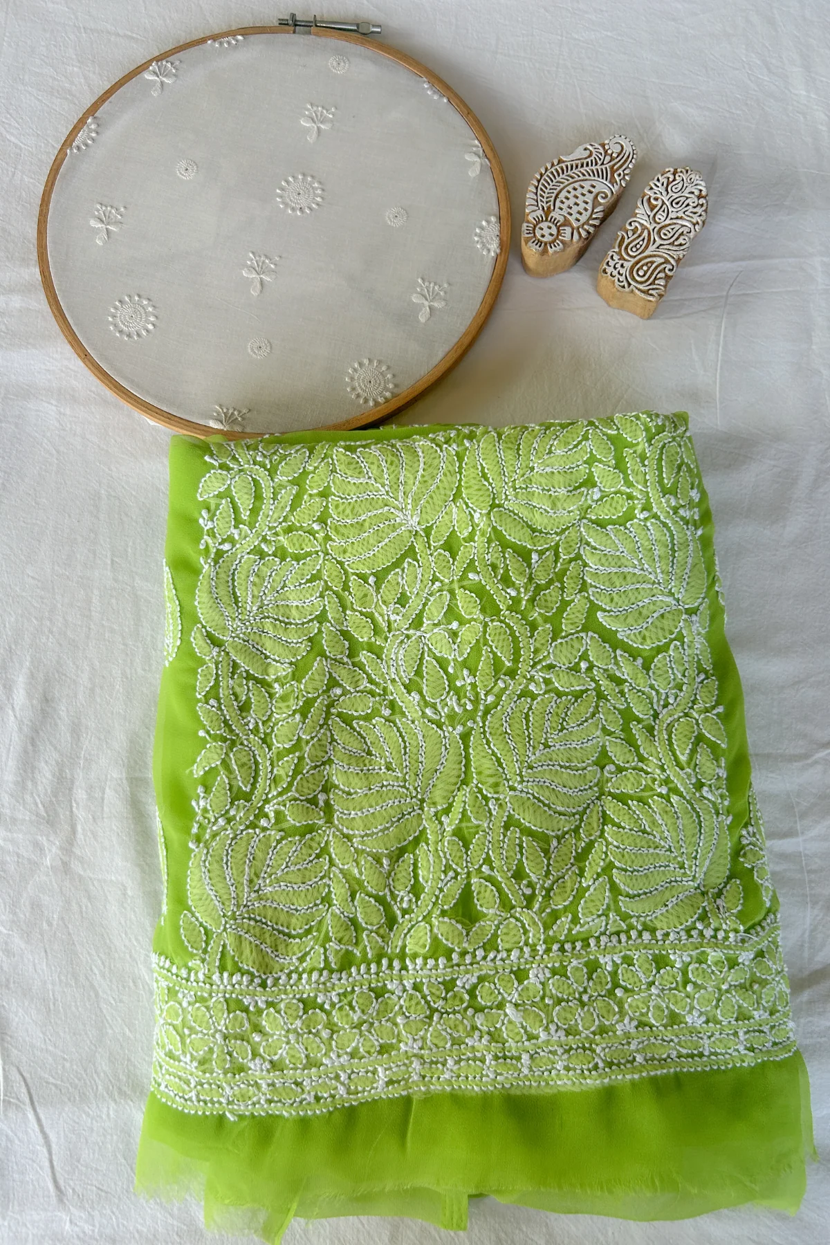 Arsh Handcrafted Parrot Green Georgette Unstitched Chikankari 3pc Suit Set