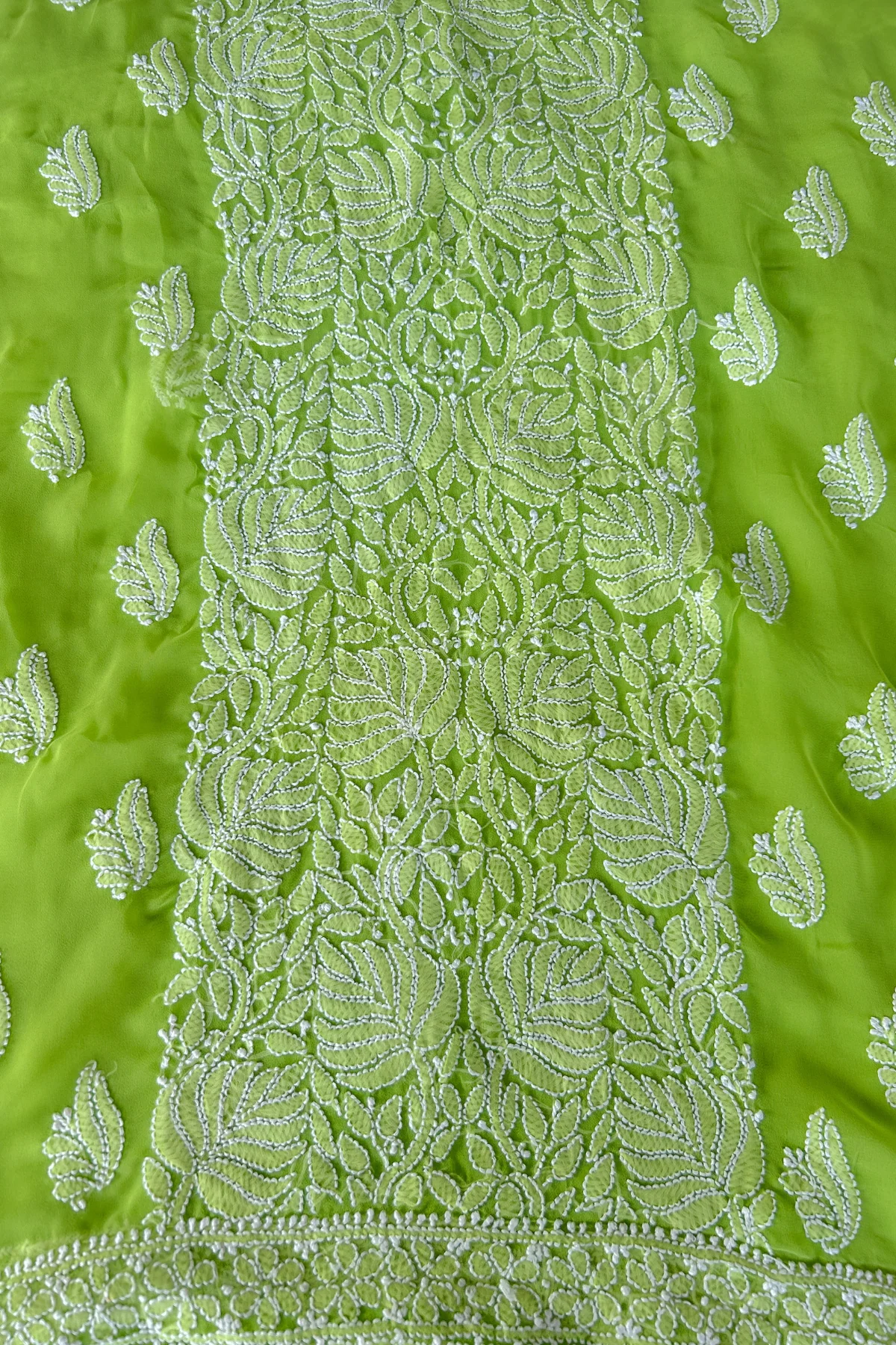 Arsh Handcrafted Parrot Green Georgette Unstitched Chikankari 3pc Suit Set - Image 2
