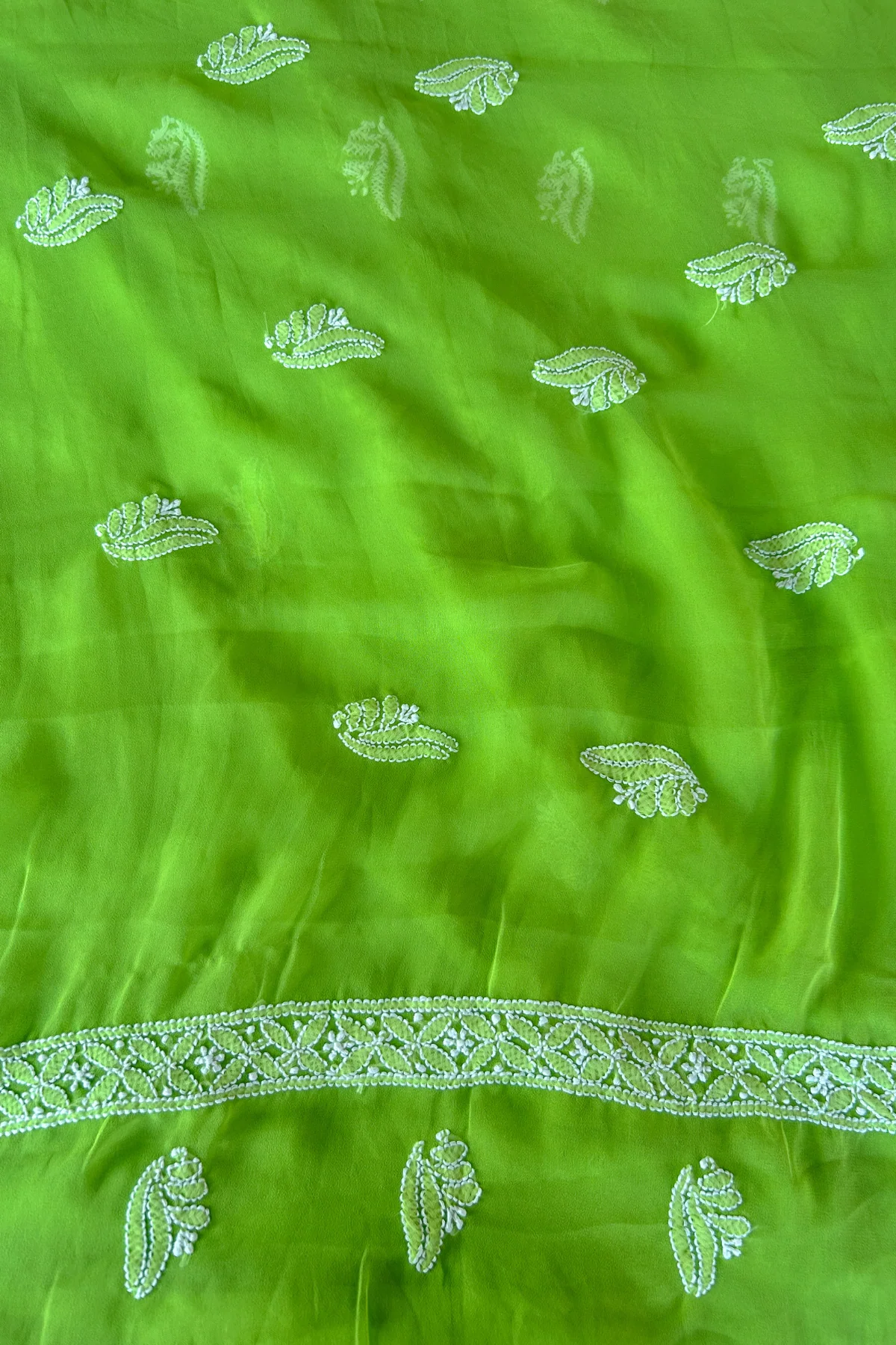 Arsh Handcrafted Parrot Green Georgette Unstitched Chikankari 3pc Suit Set - Image 3