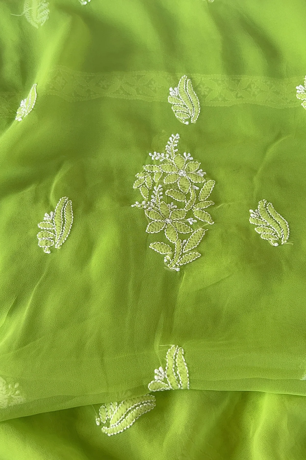 Arsh Handcrafted Parrot Green Georgette Unstitched Chikankari 3pc Suit Set - Image 4