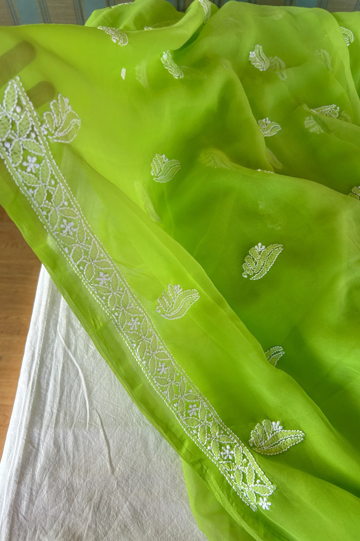 Arsh Handcrafted Parrot Green Georgette Unstitched Chikankari 3pc Suit Set - Image 5