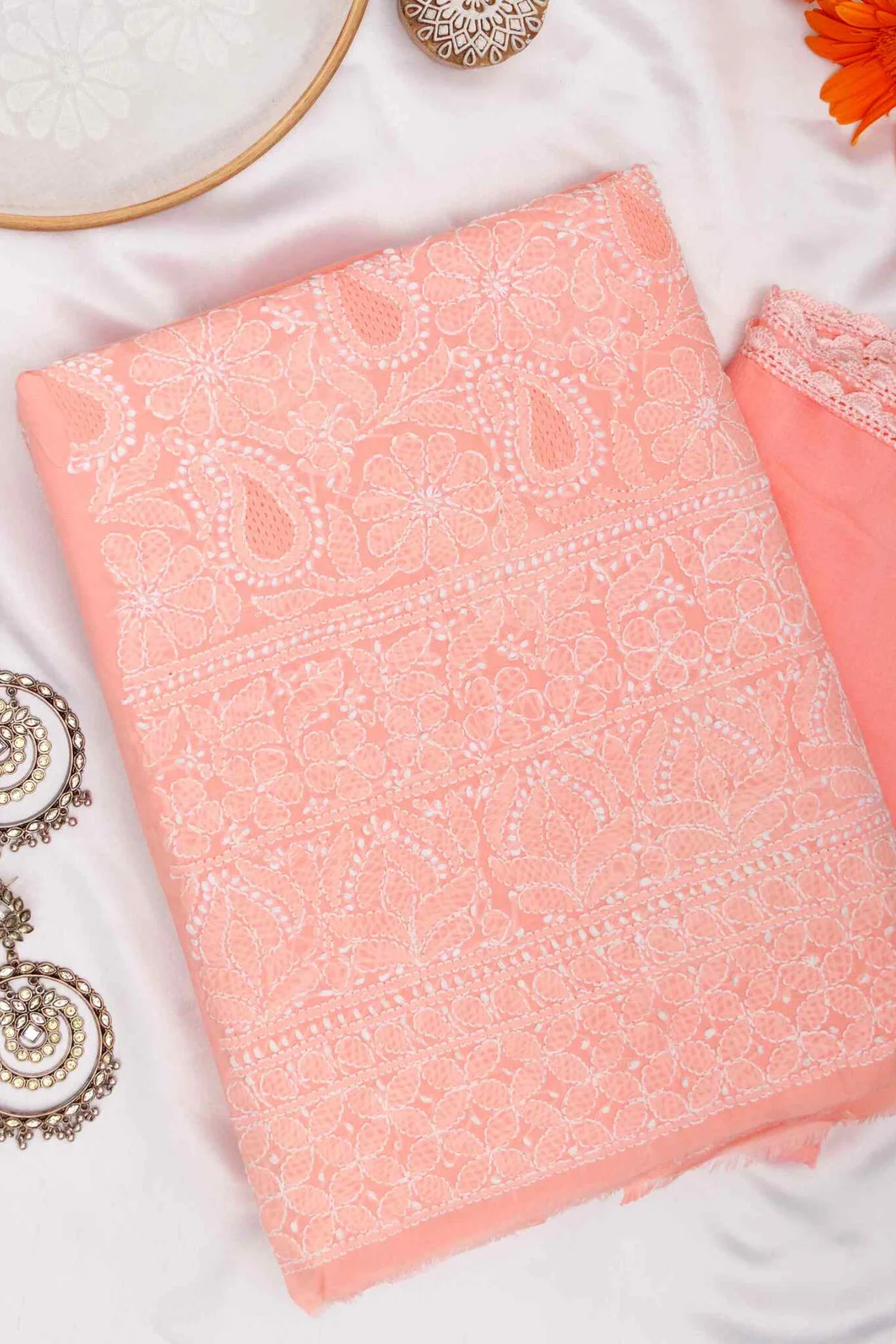 Arsh Handcrafted Peach Cotton Unstitched Chikankari Front Jaal 3pc Suit - Image 3