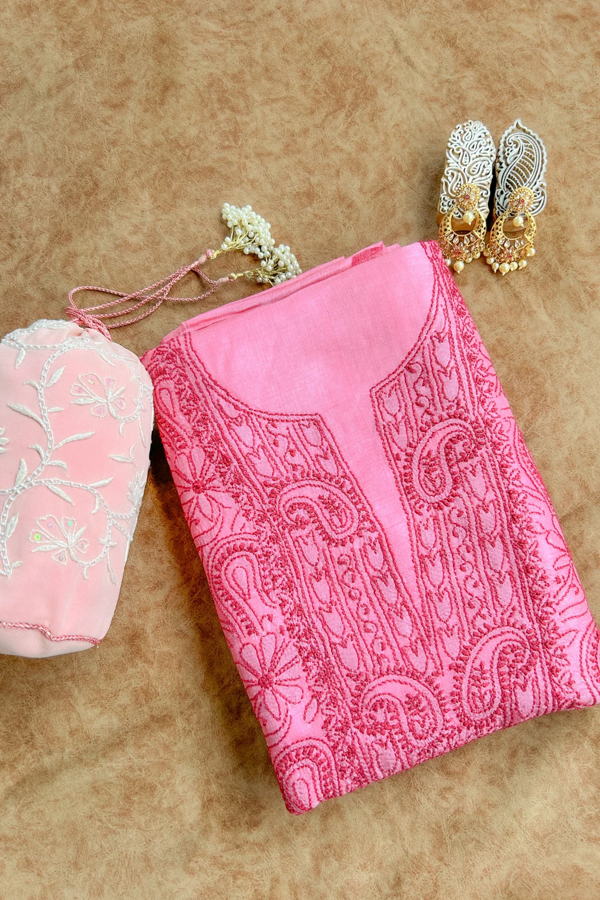 Arsh Handcrafted Pink Pure Silk Unstitched Chikankari 3pc Suit Set - Image 2
