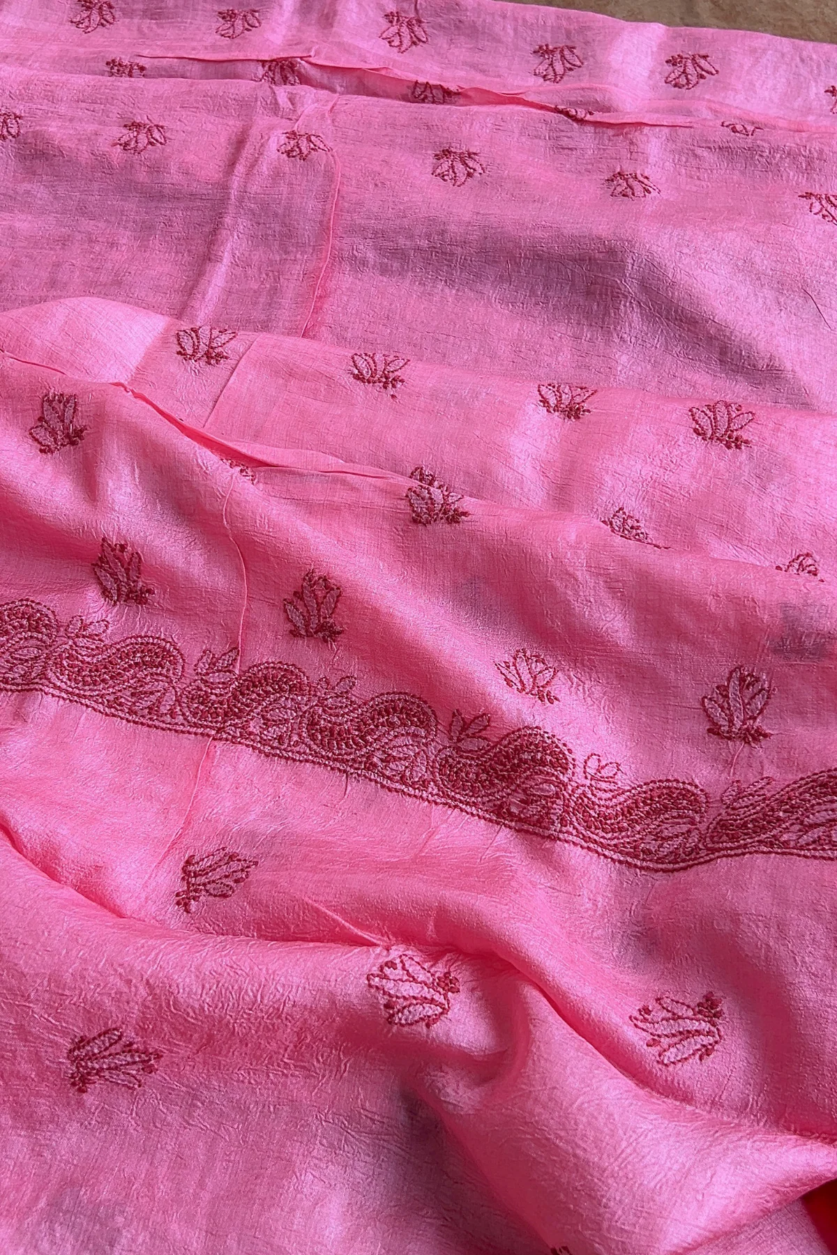 Arsh Handcrafted Pink Pure Silk Unstitched Chikankari 3pc Suit Set - Image 3