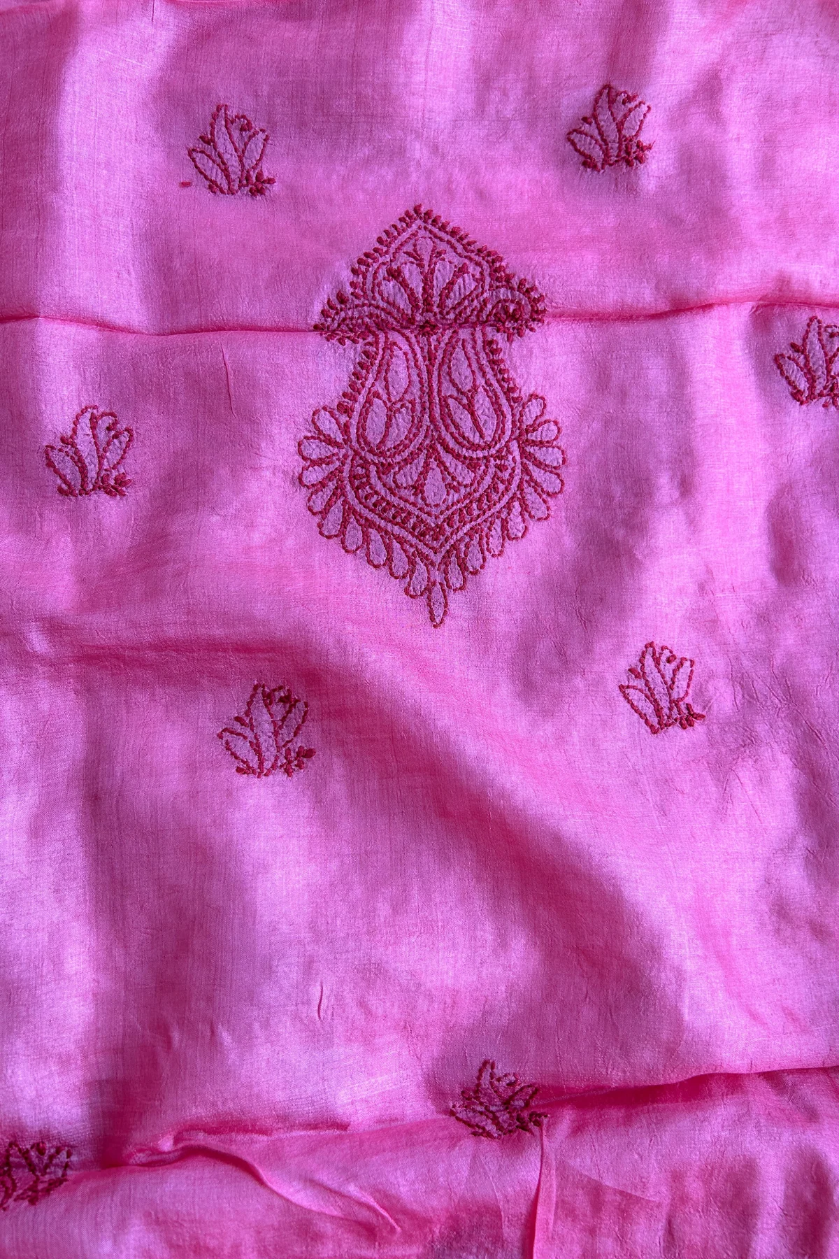 Arsh Handcrafted Pink Pure Silk Unstitched Chikankari 3pc Suit Set - Image 5