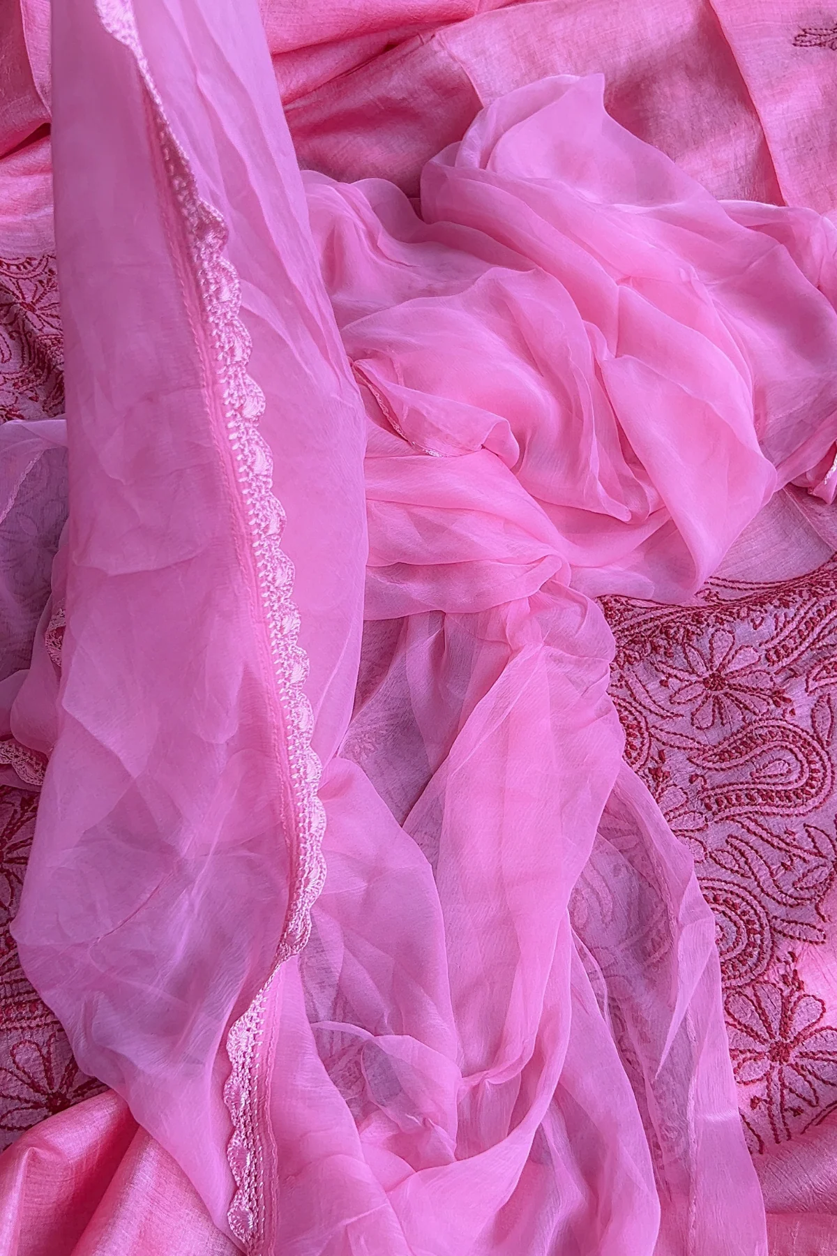 Arsh Handcrafted Pink Pure Silk Unstitched Chikankari 3pc Suit Set - Image 7