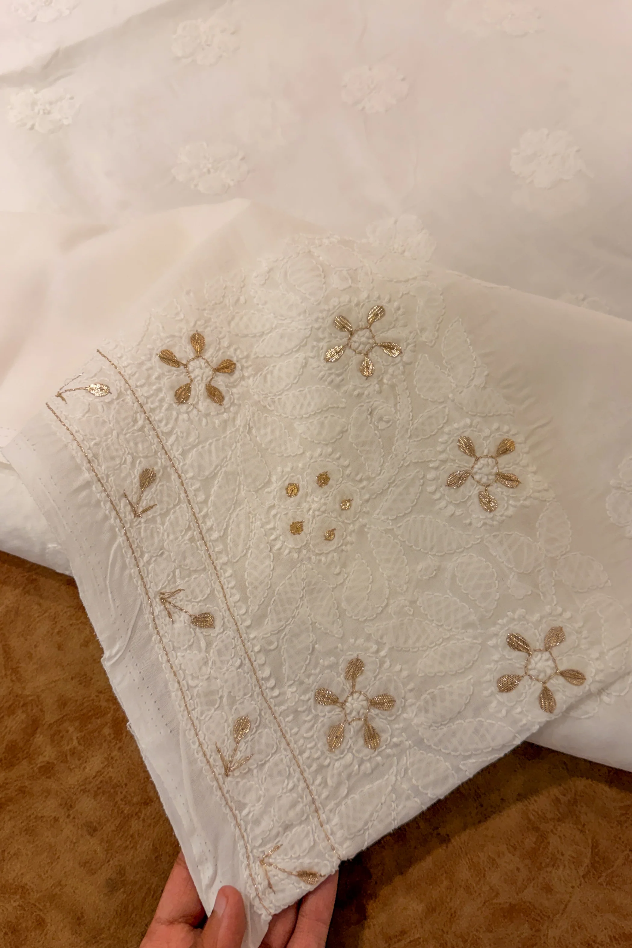 Arsh Handcrafted Pure Cotton Unstitched Gota Patti Chikankari 3pc Suit Set - Image 5