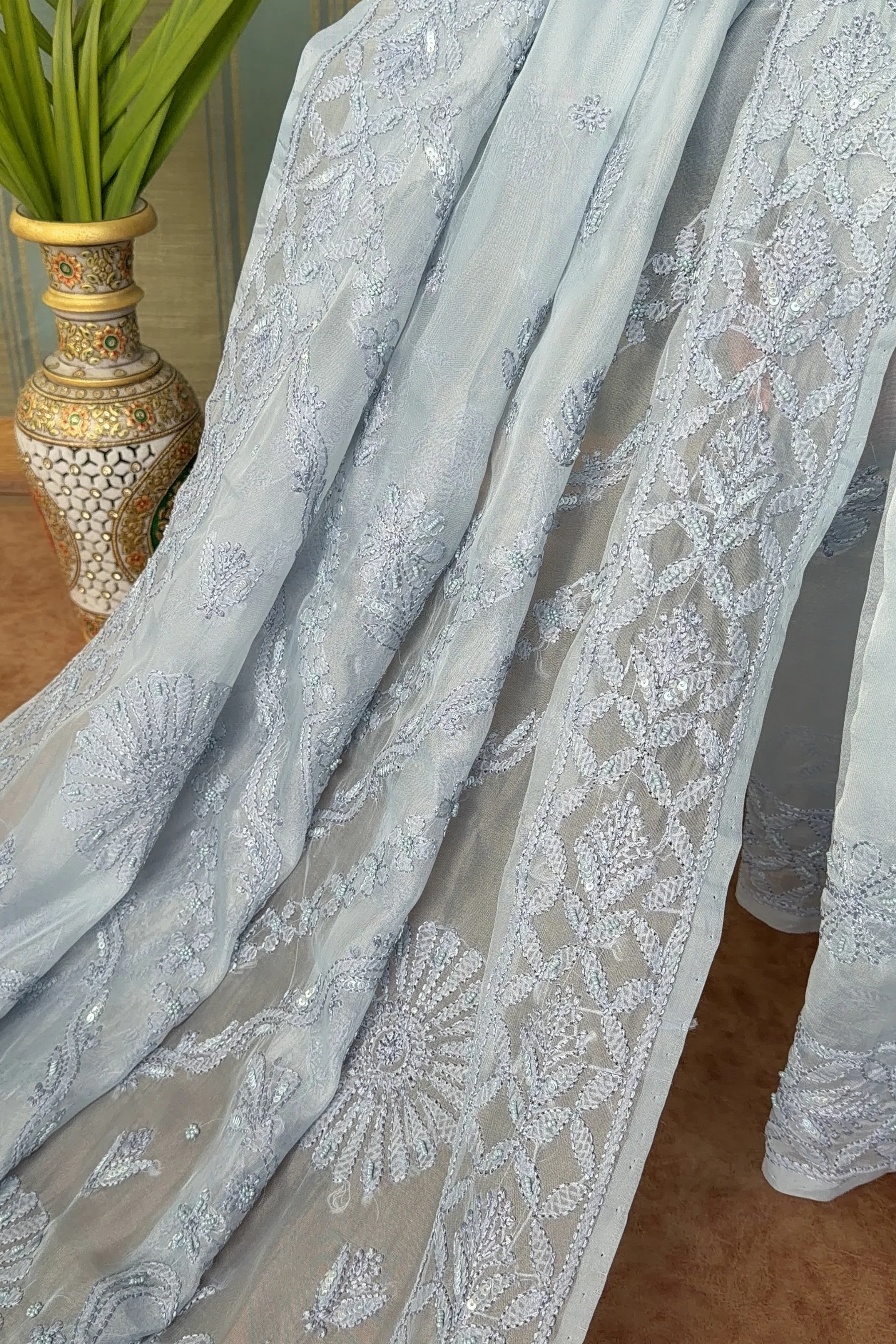 Arsh Handcrafted Organza Chikankari Fancy Saree - Image 6