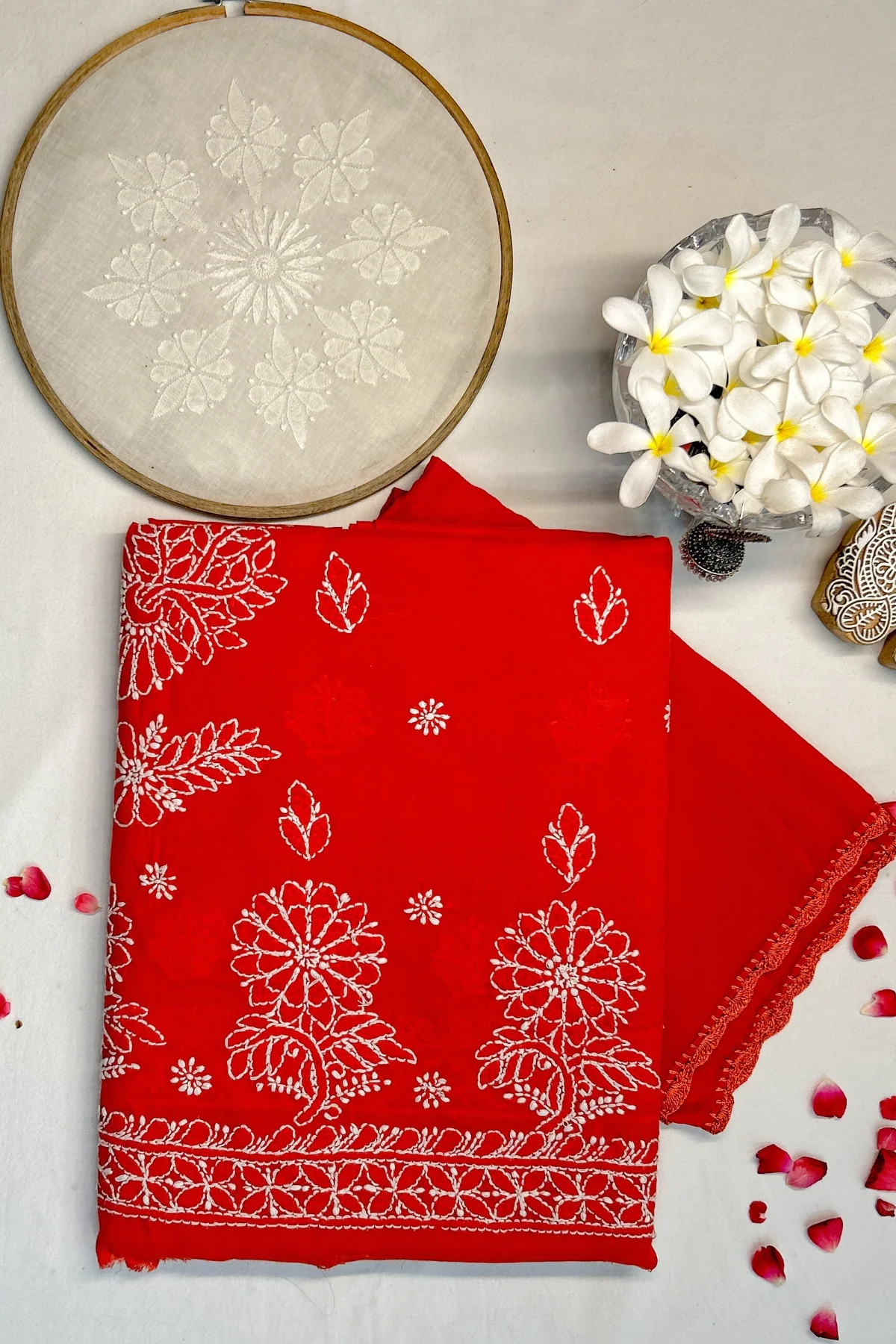 Arsh Handcrafted Red Cotton Unstitched Chikankari 3pc Suit - Image 2