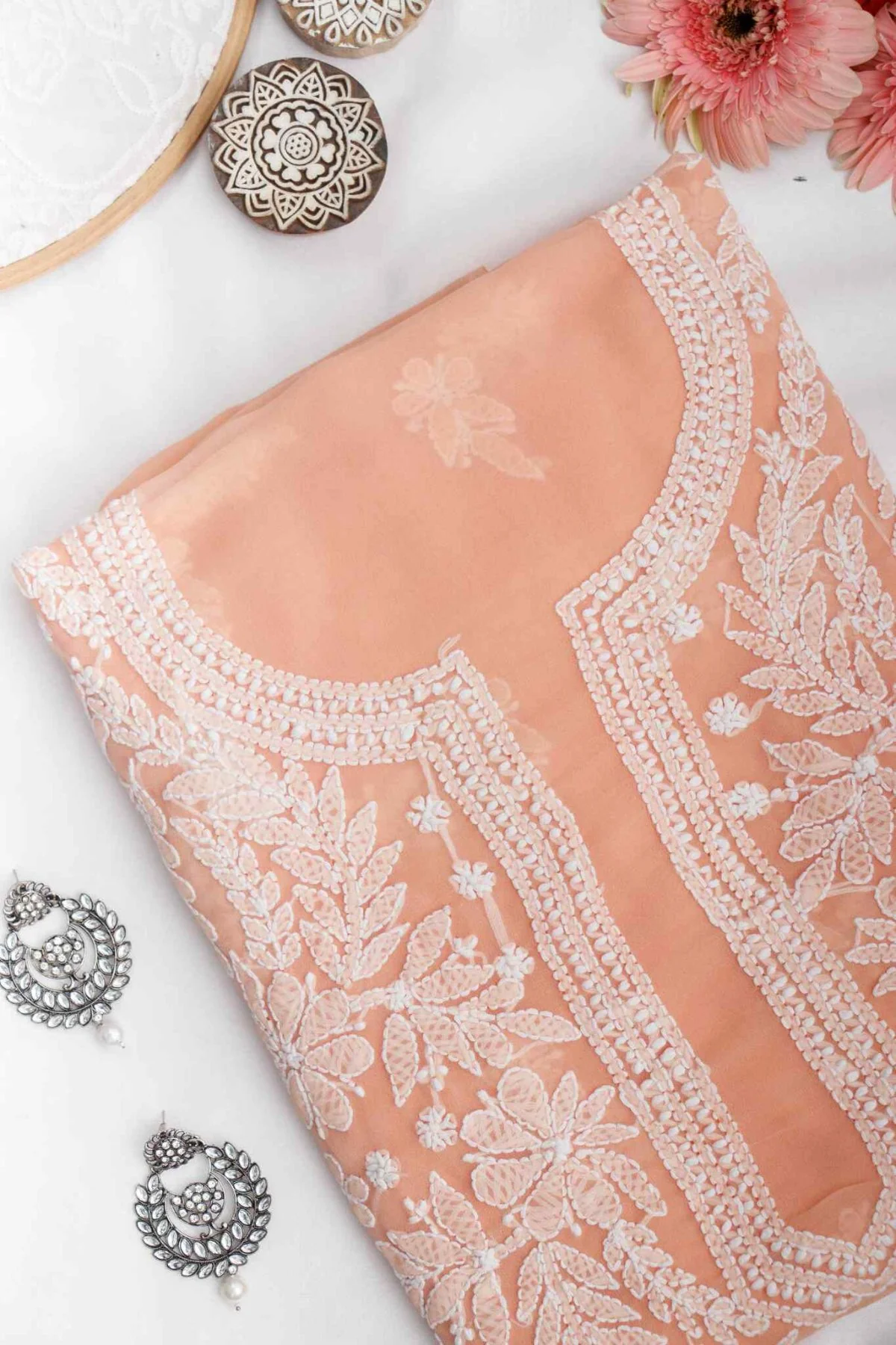 Arsh Handcrafted Salmon Orange Georgette Unstitched Chikankari 3pc Suit - Image 3