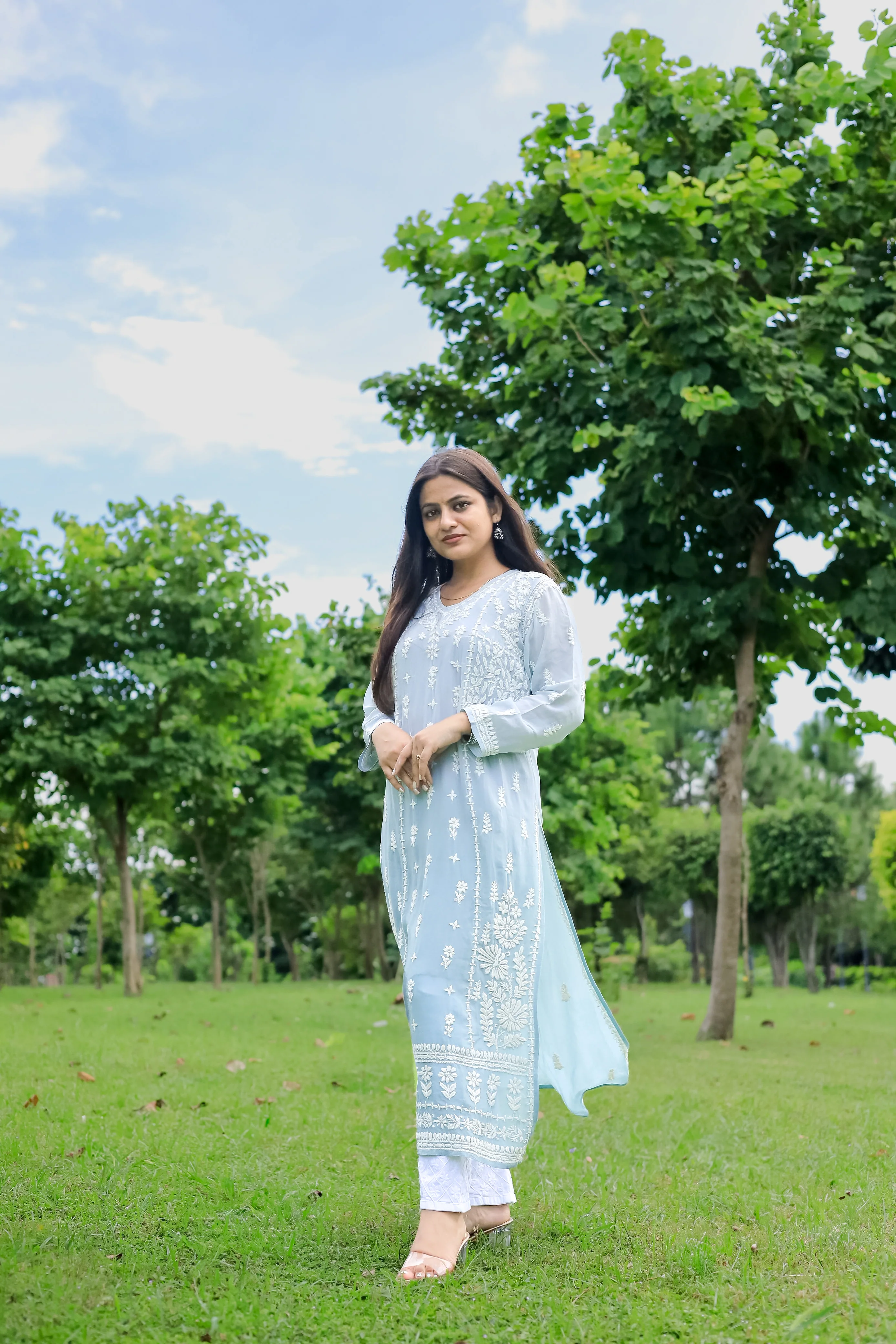 Arsh Handcrafted Powder Blue Pure Viscose Georgette Kurti - Image 2
