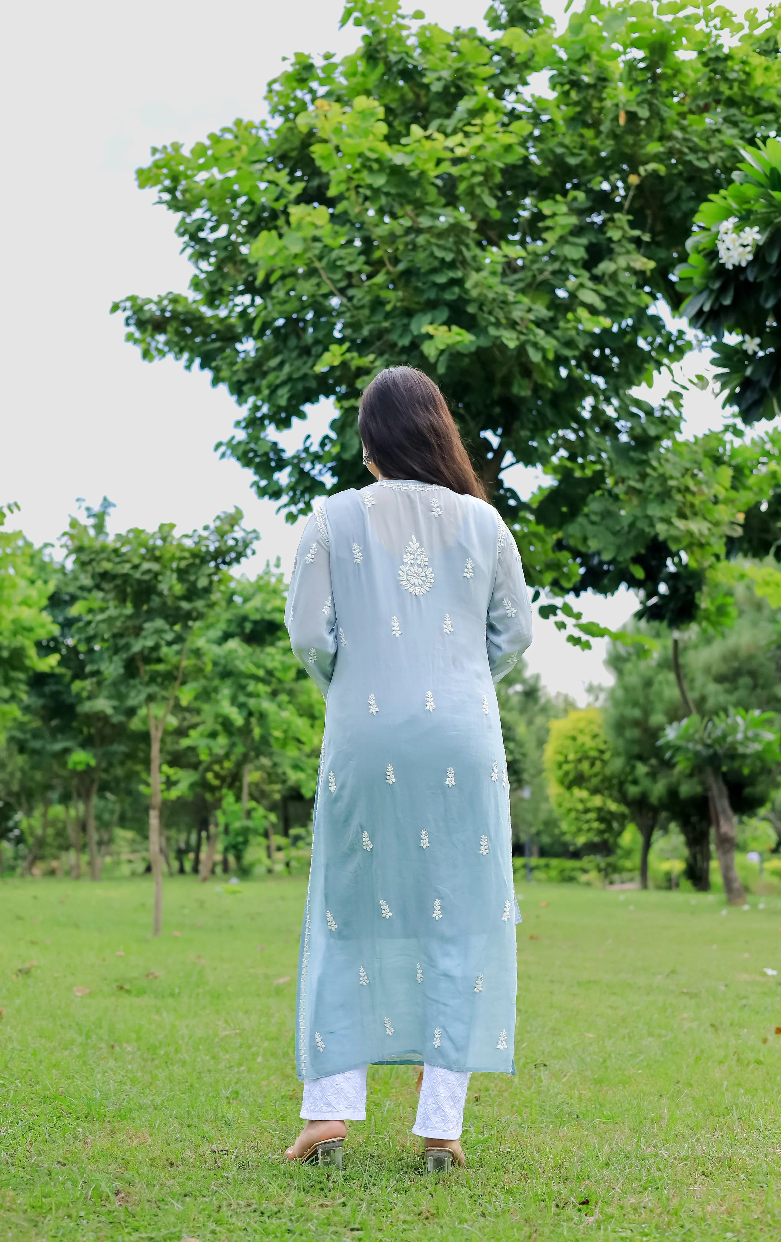Arsh Handcrafted Powder Blue Pure Viscose Georgette Kurti - Image 4