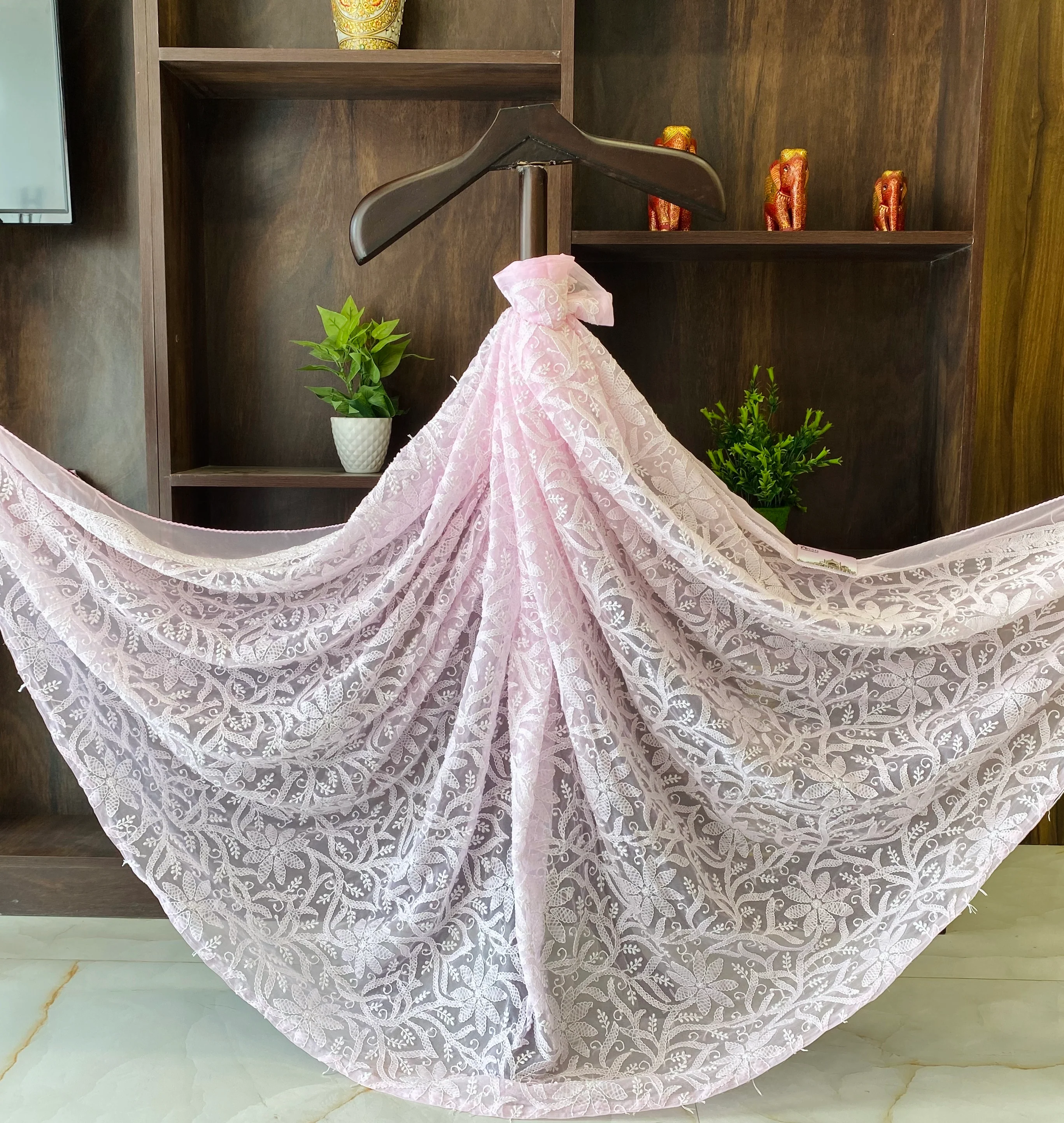 Arsh Handcrafted Semi Georgette Chikankari Light Pink Dupatta - Image 2