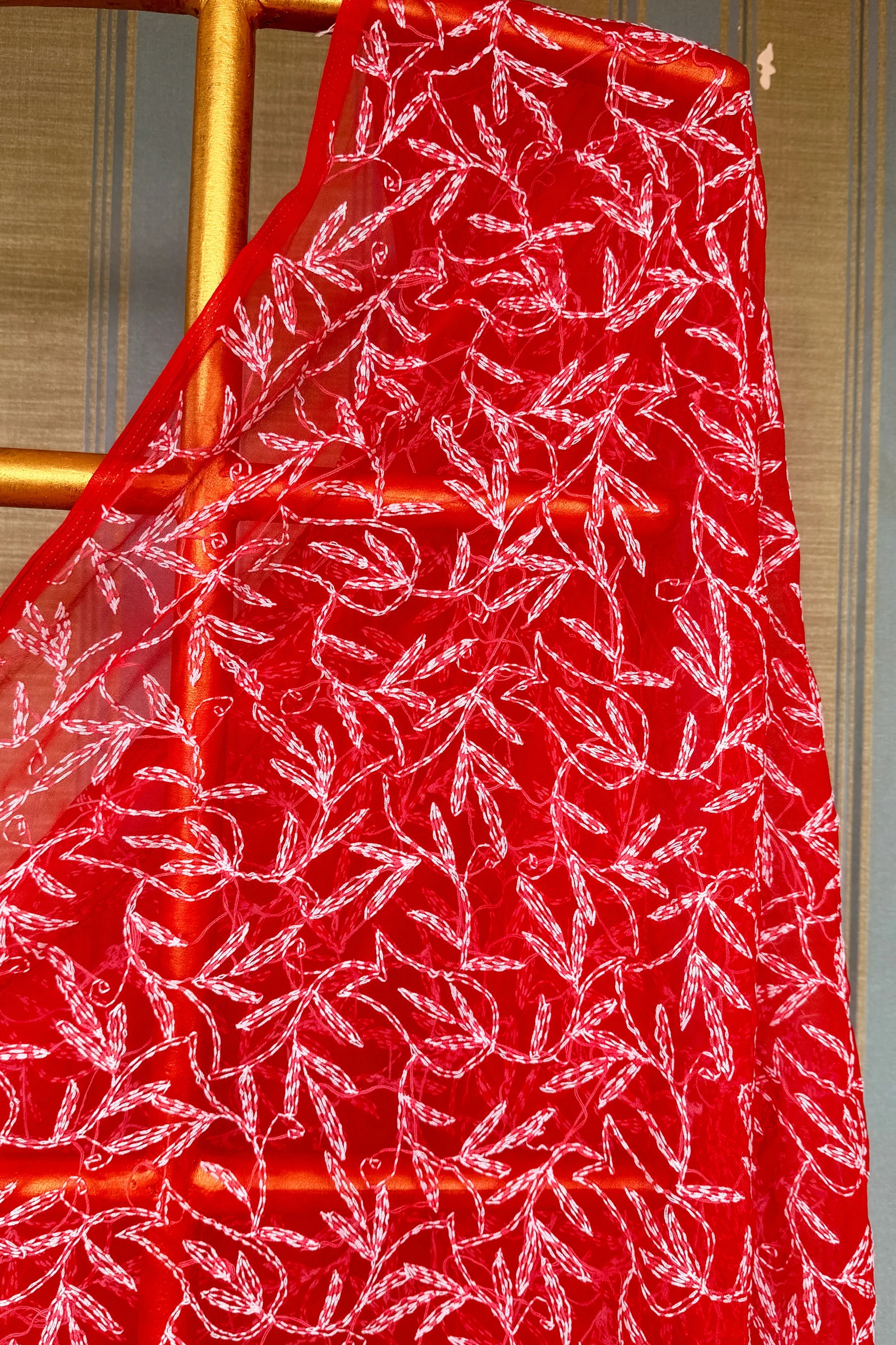 Arsh Handcrafted Semi Georgette Chikankari Red Dupatta - Image 3