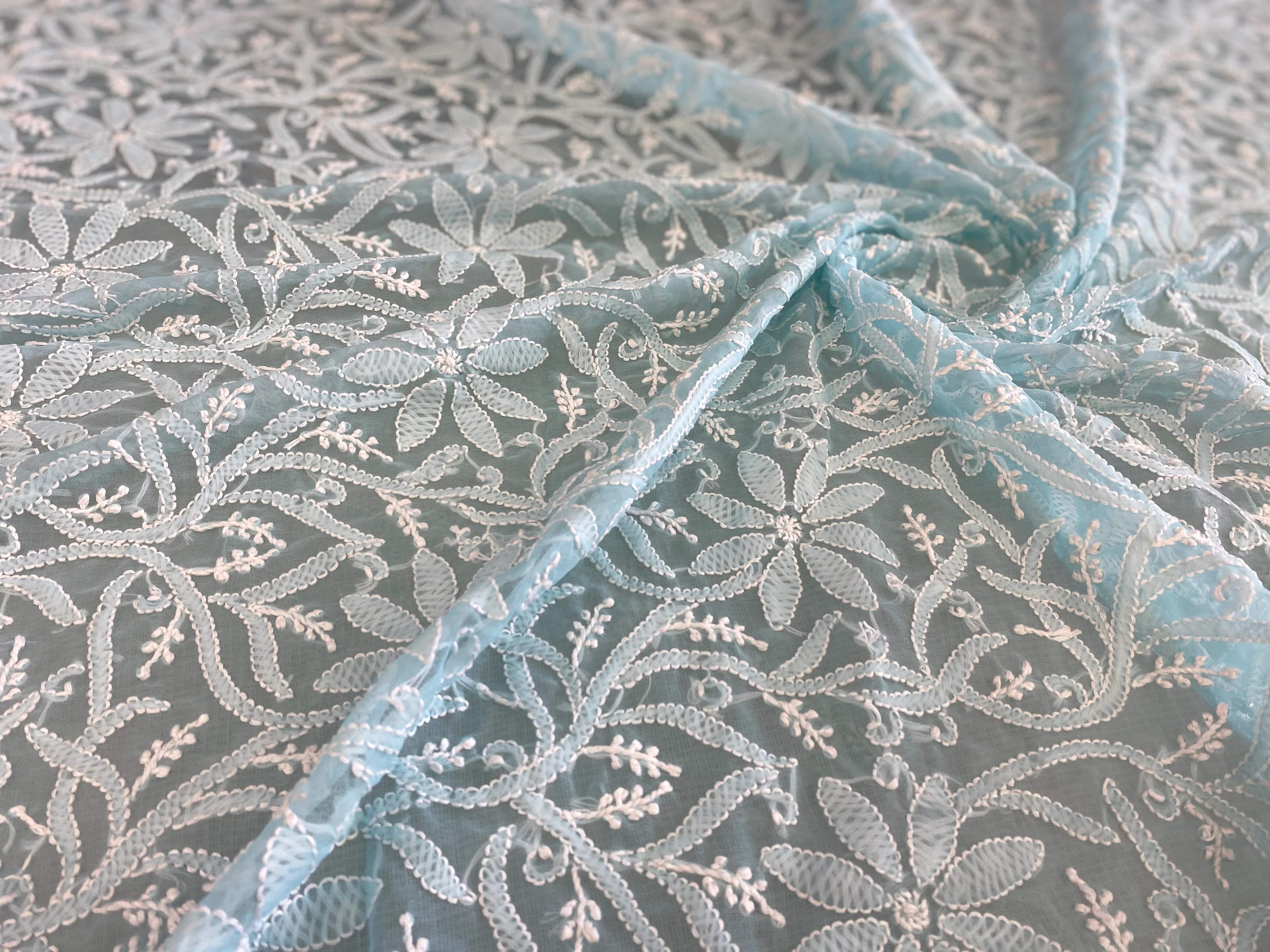 Arsh Handcrafted Semi Georgette Chikankari Sky Blue Dupatta - Image 2