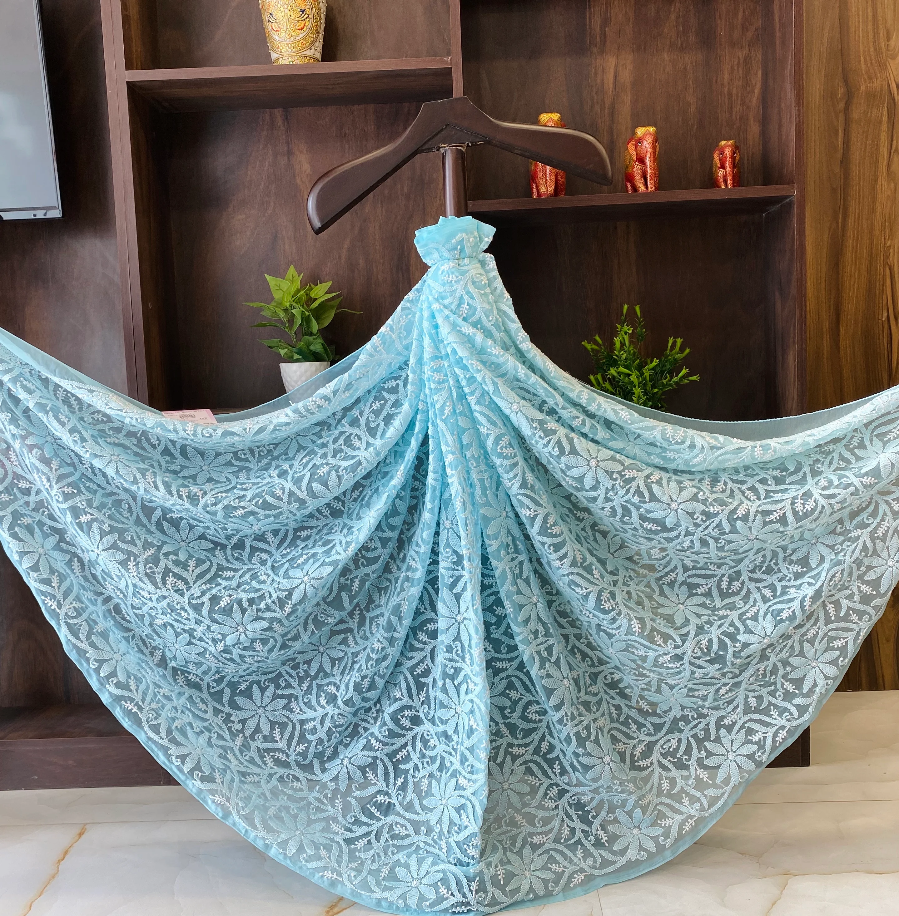 Arsh Handcrafted Semi Georgette Chikankari Sky Blue Dupatta - Image 3