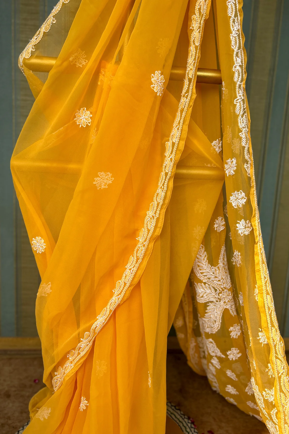 Arsh Handcrafted Semi Georgette Heavy Palla Mustard Yelllow Chikan Embroidered Saree - Image 3