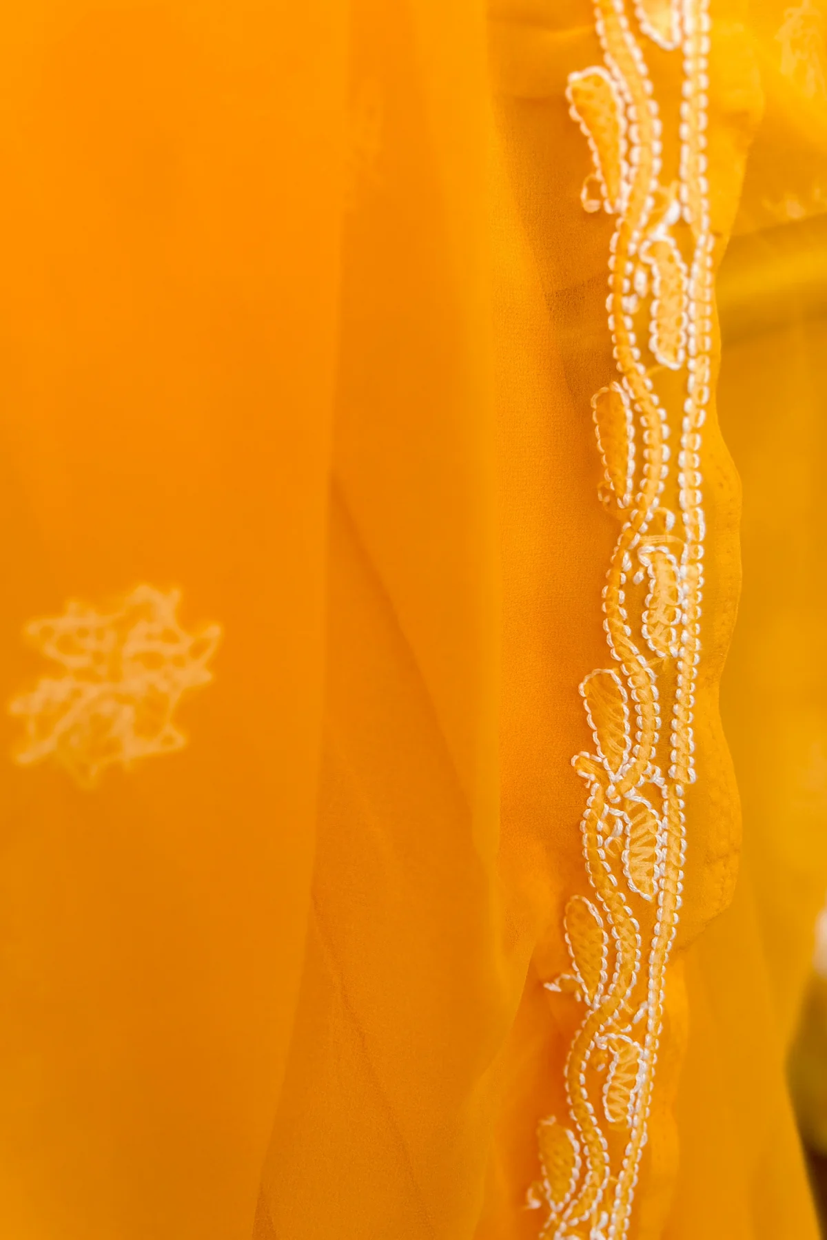 Arsh Handcrafted Semi Georgette Heavy Palla Mustard Yelllow Chikan Embroidered Saree - Image 5