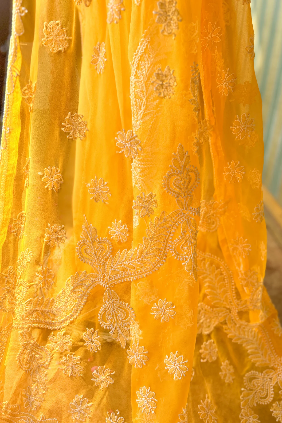 Arsh Handcrafted Semi Georgette Heavy Palla Mustard Yelllow Chikan Embroidered Saree - Image 7