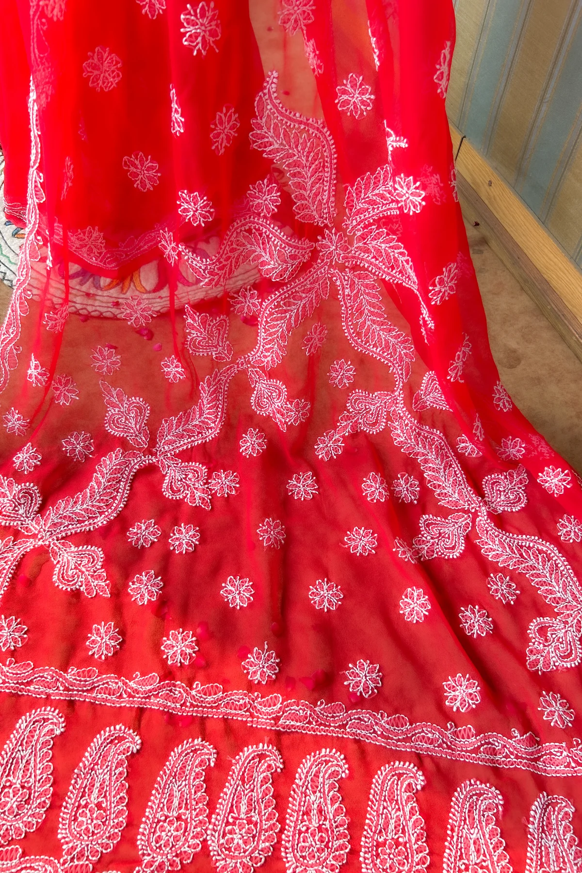 Arsh Handcrafted Semi Georgette Heavy Palla Red Chikan Embroidered Saree - Image 8