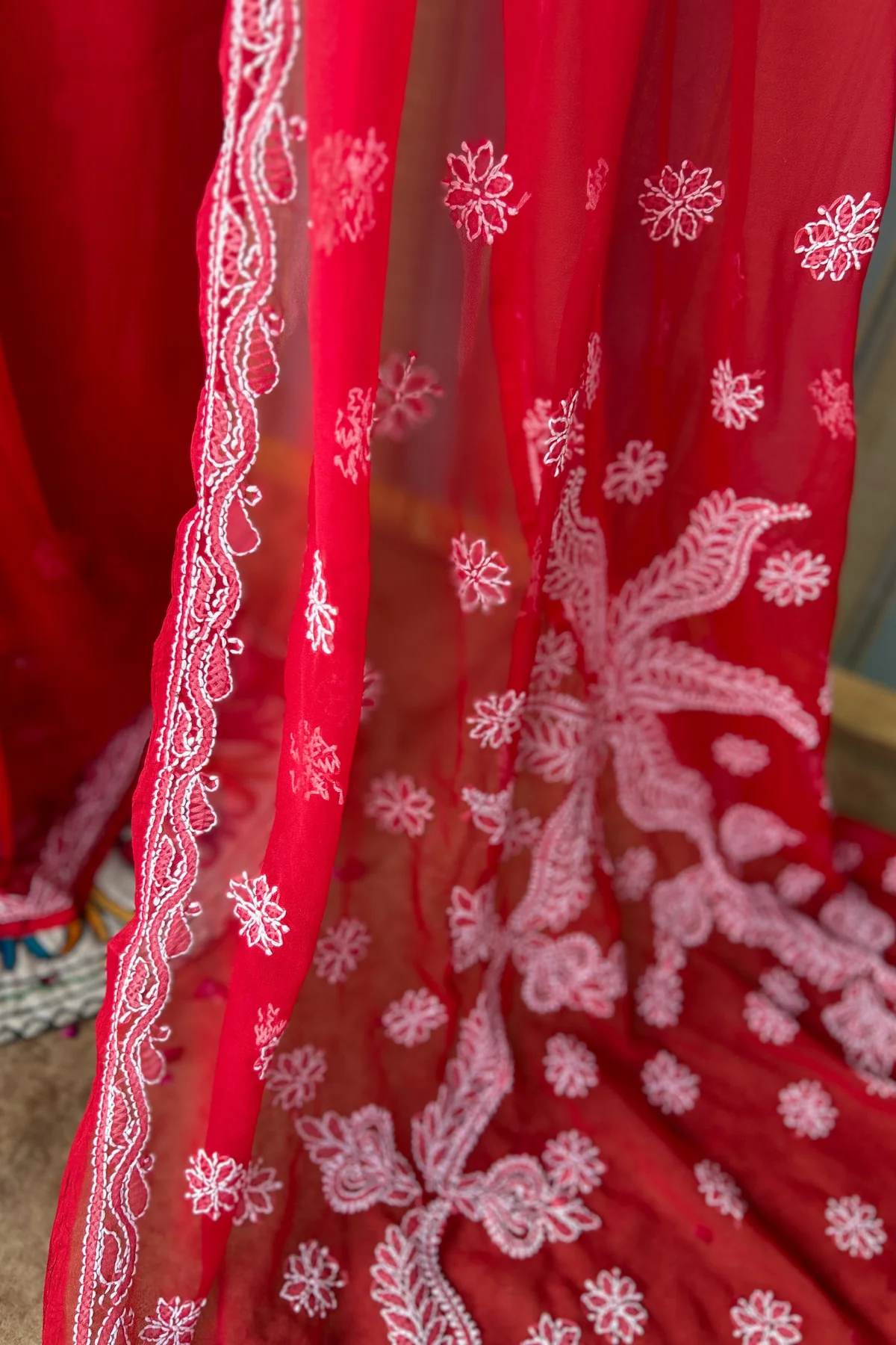Arsh Handcrafted Semi Georgette Heavy Palla Red Chikan Embroidered Saree - Image 9