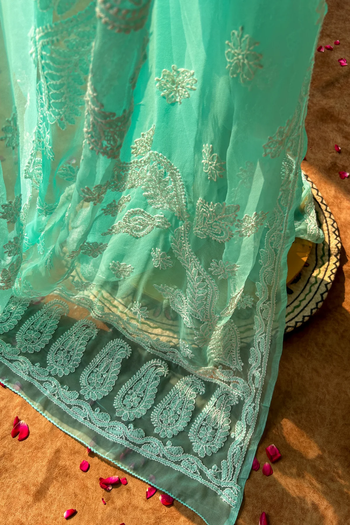 Arsh Handcrafted Semi Georgette Heavy Palla Turquoise Chikan Embroidered Saree - Image 6