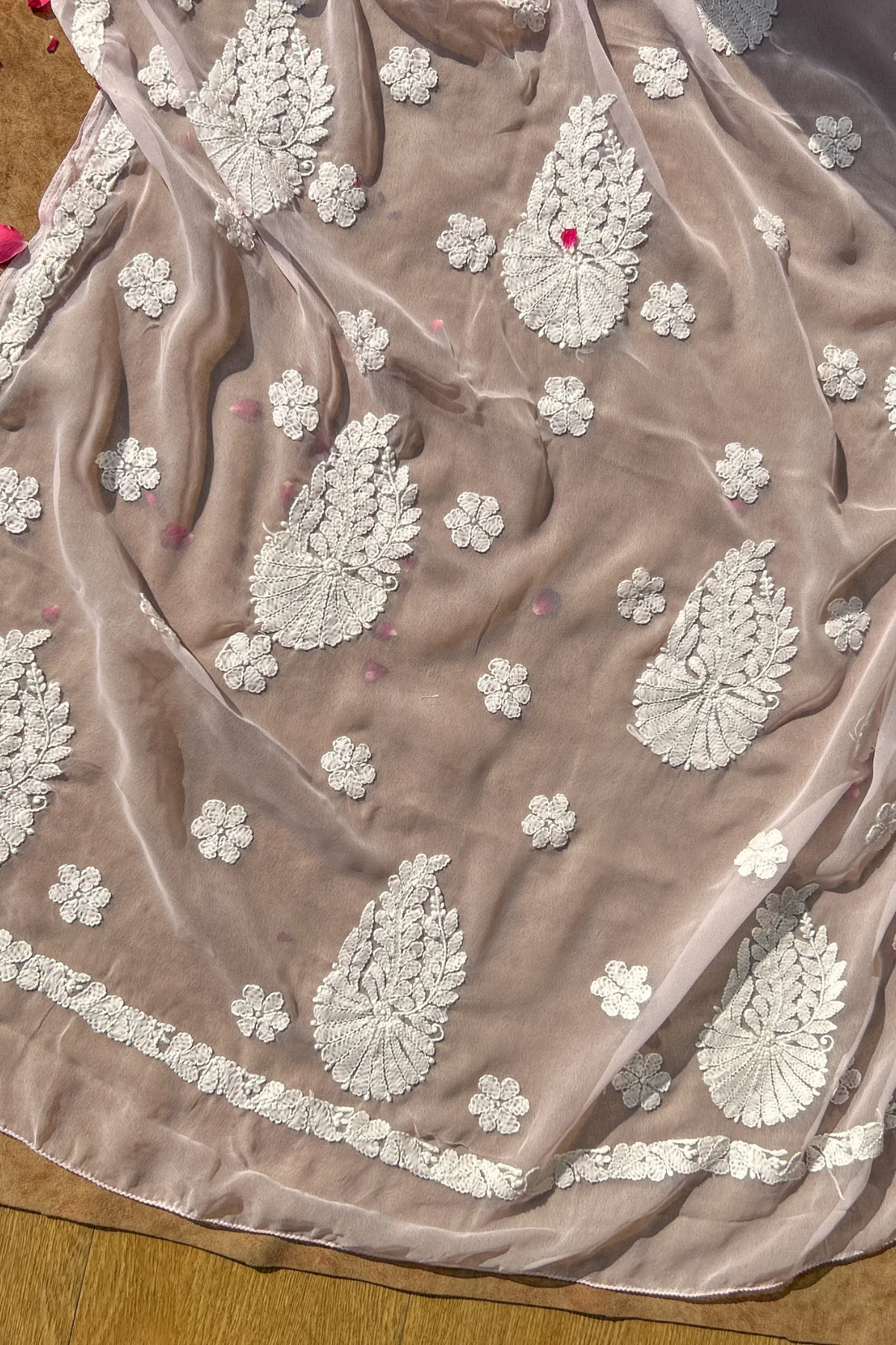 Arsh Handcrafted Semi Georgette Heavy Palla Pink Chikan Embroidered Saree - Image 6